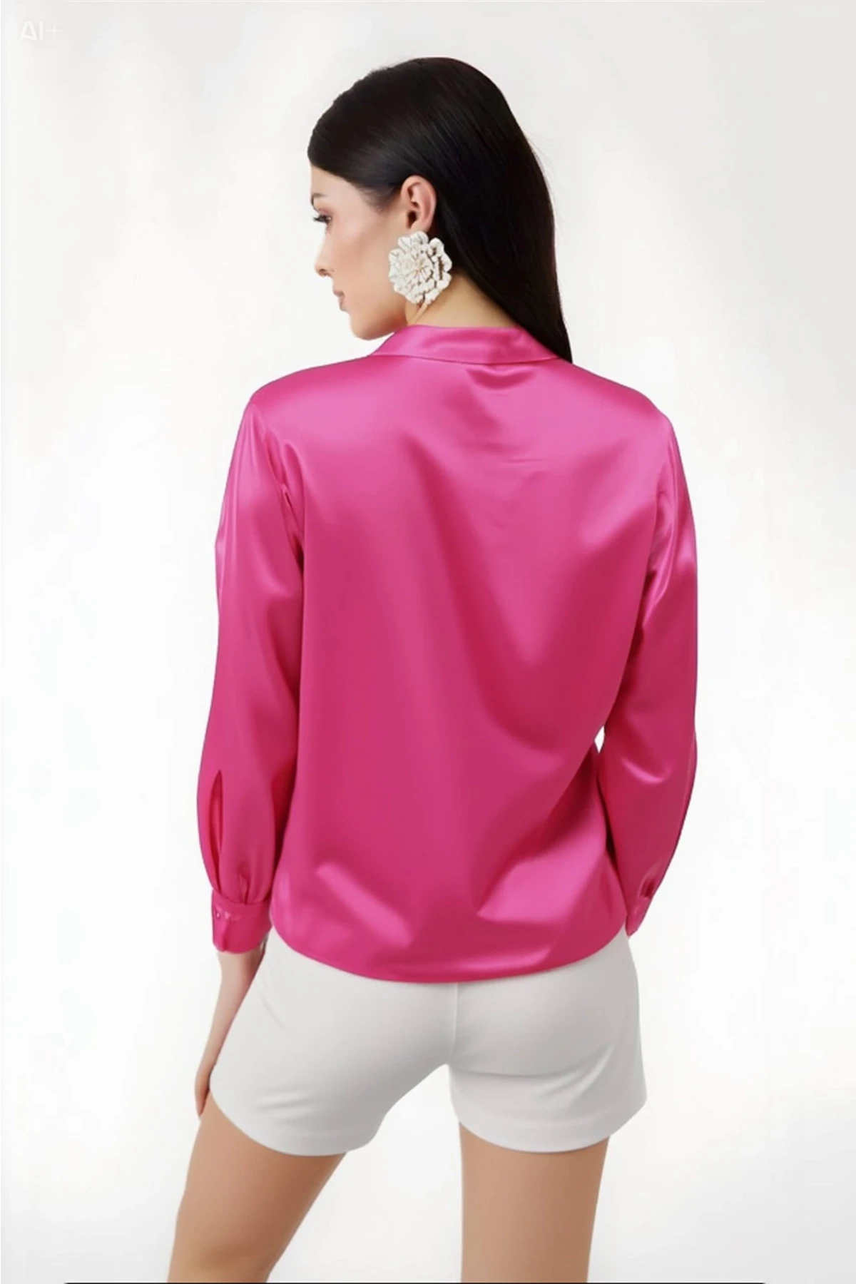 Kadın Canlı Pembe Hafif Dökümlü Saten Yüzeyli Gömlek Hzl22w-bd139641