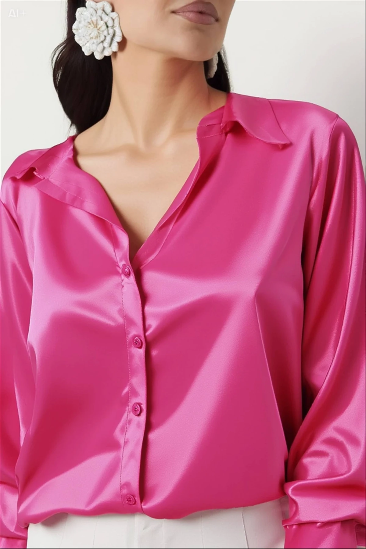 Kadın Canlı Pembe Hafif Dökümlü Saten Yüzeyli Gömlek Hzl22w-bd139641