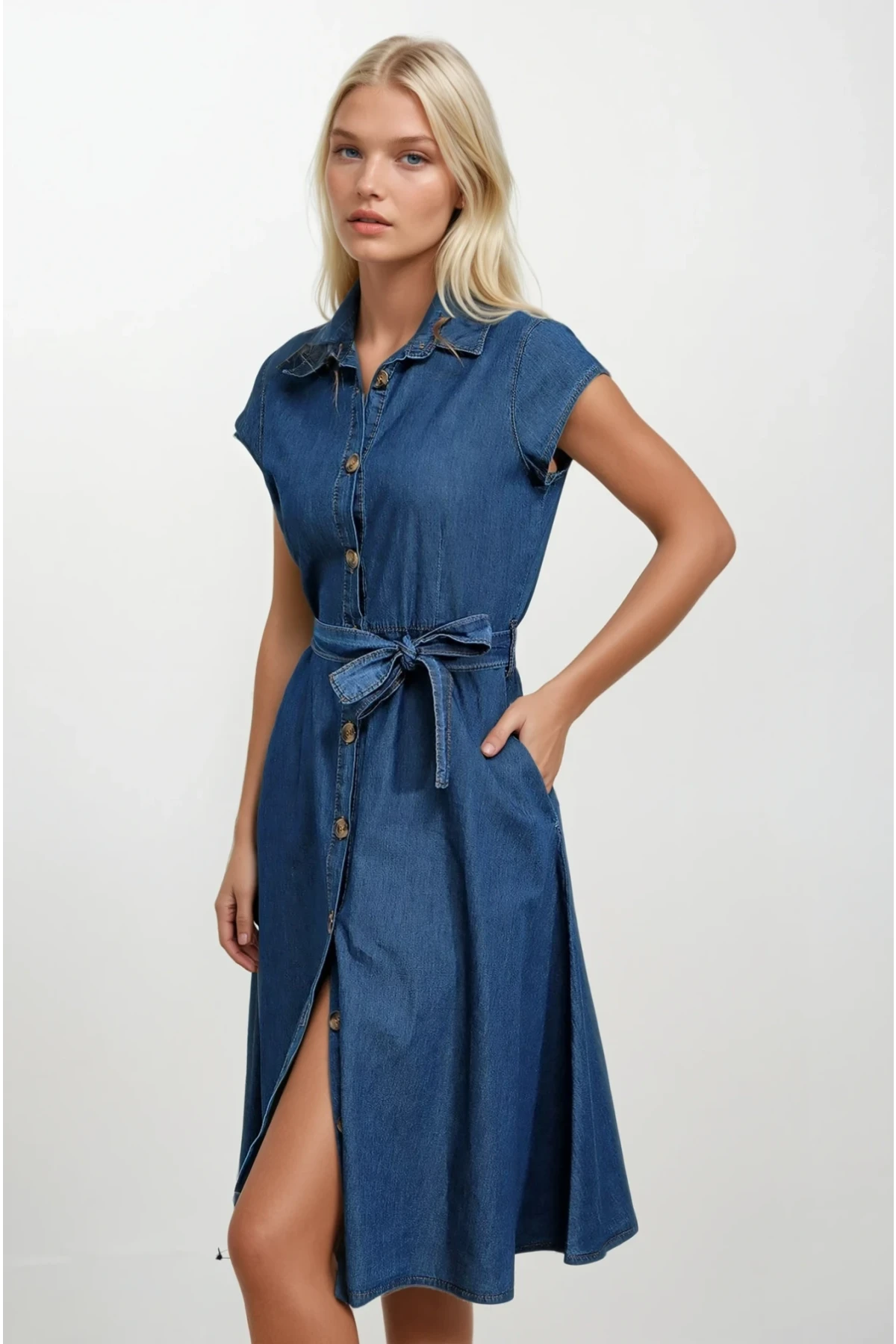 Kadın Denim Kısa Kollu Boydan Düğmeli Beli Kuşaklı Kot Gömlek Elbise Hzl22s-bd121761