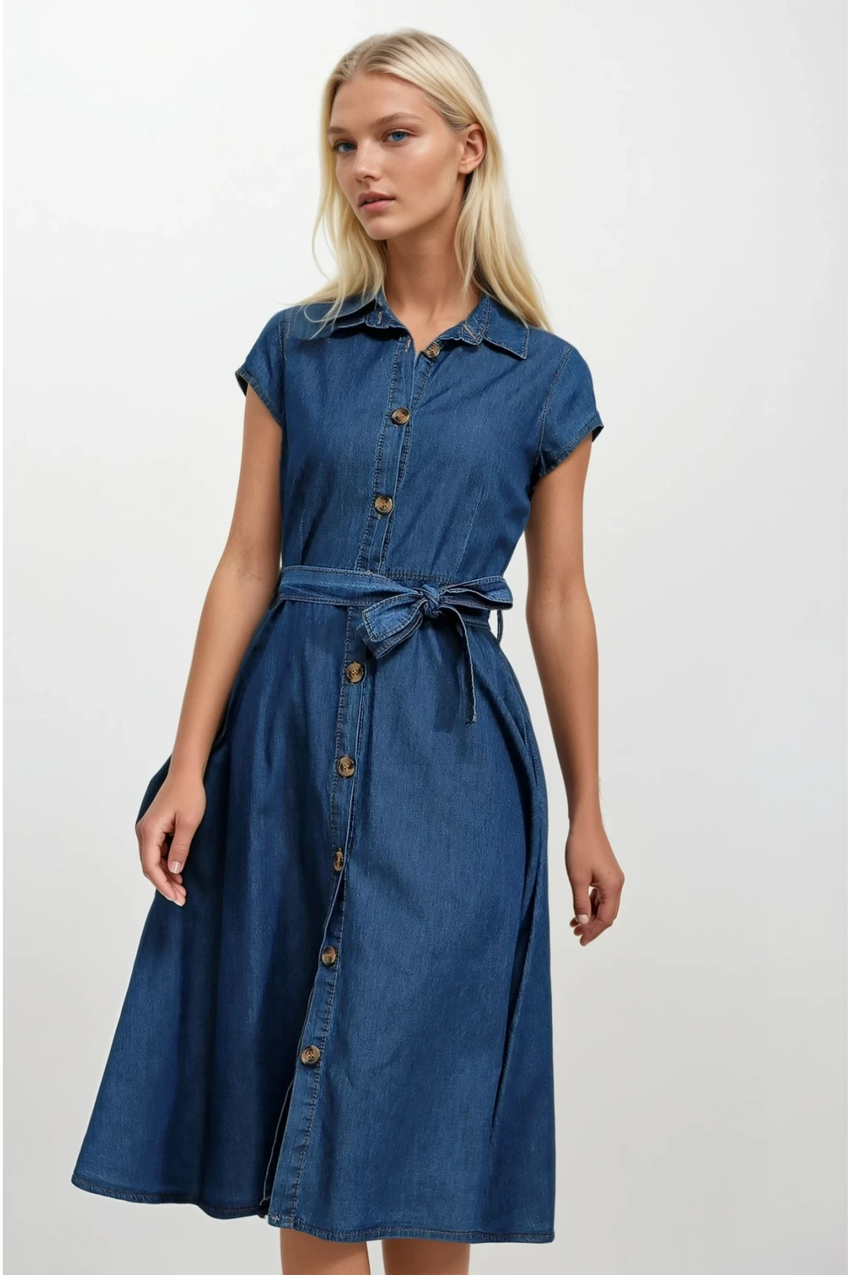 Kadın Denim Kısa Kollu Boydan Düğmeli Beli Kuşaklı Kot Gömlek Elbise Hzl22s-bd121761