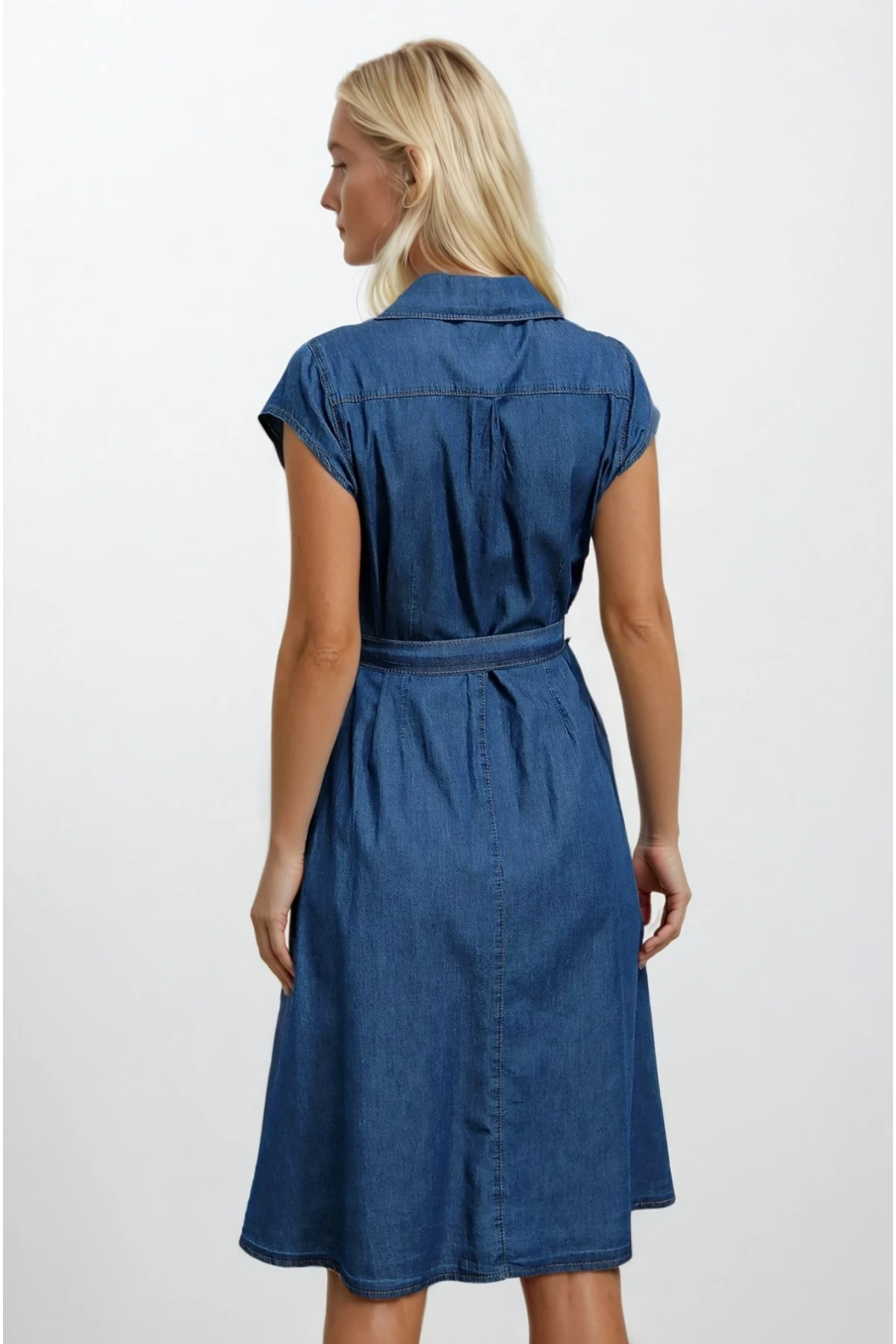 Kadın Denim Kısa Kollu Boydan Düğmeli Beli Kuşaklı Kot Gömlek Elbise Hzl22s-bd121761