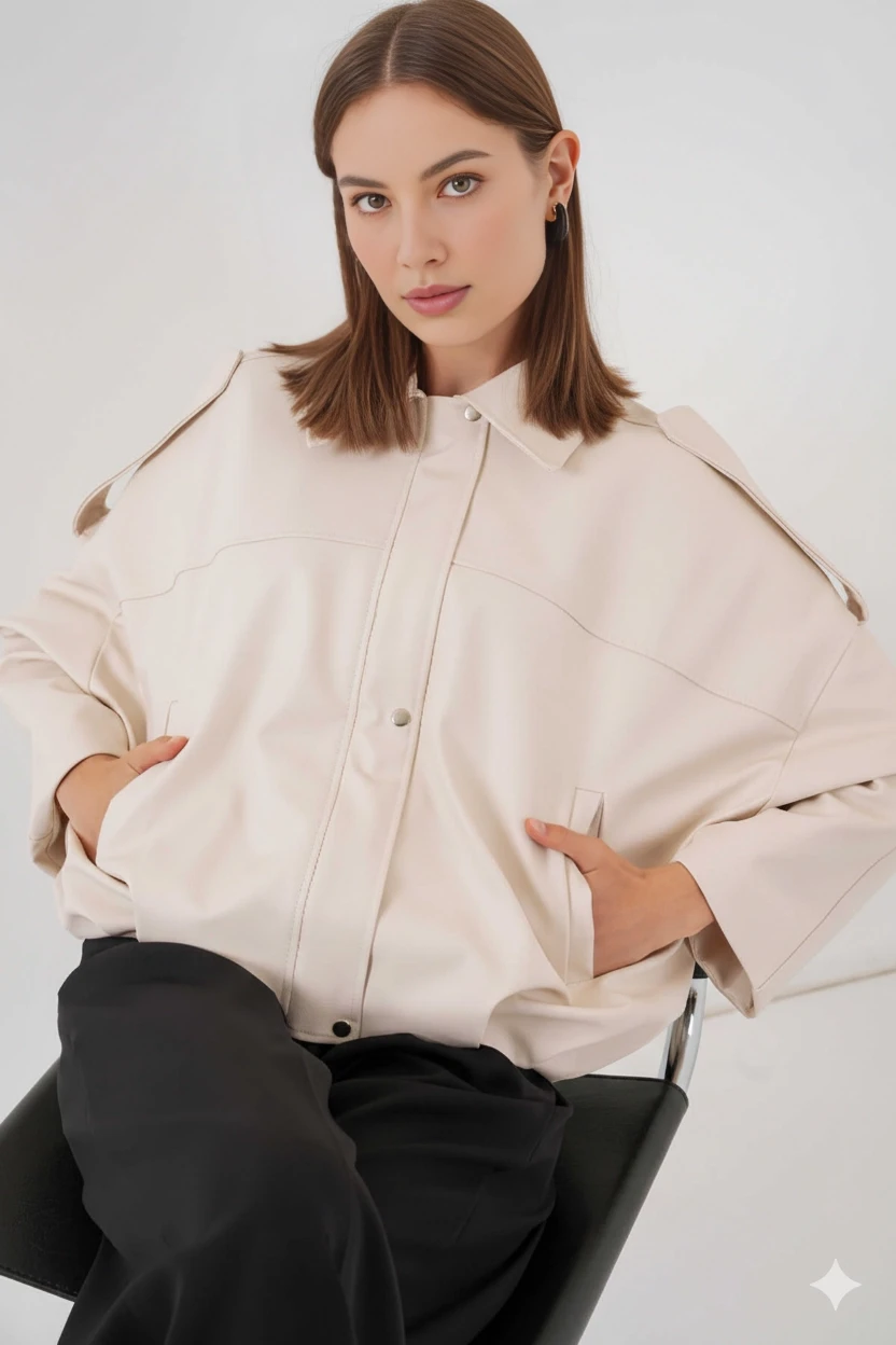 Kadın Ekru Oversize Fermuarlı ve Düğmeli Yandan Cepli Suni Deri Ceket HZL25W-BD110551