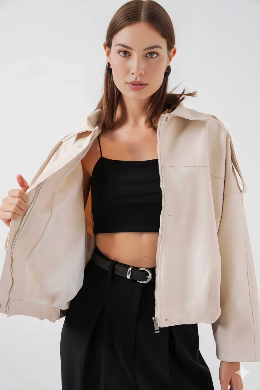 Kadın Ekru Oversize Fermuarlı ve Düğmeli Yandan Cepli Suni Deri Ceket HZL25W-BD110551