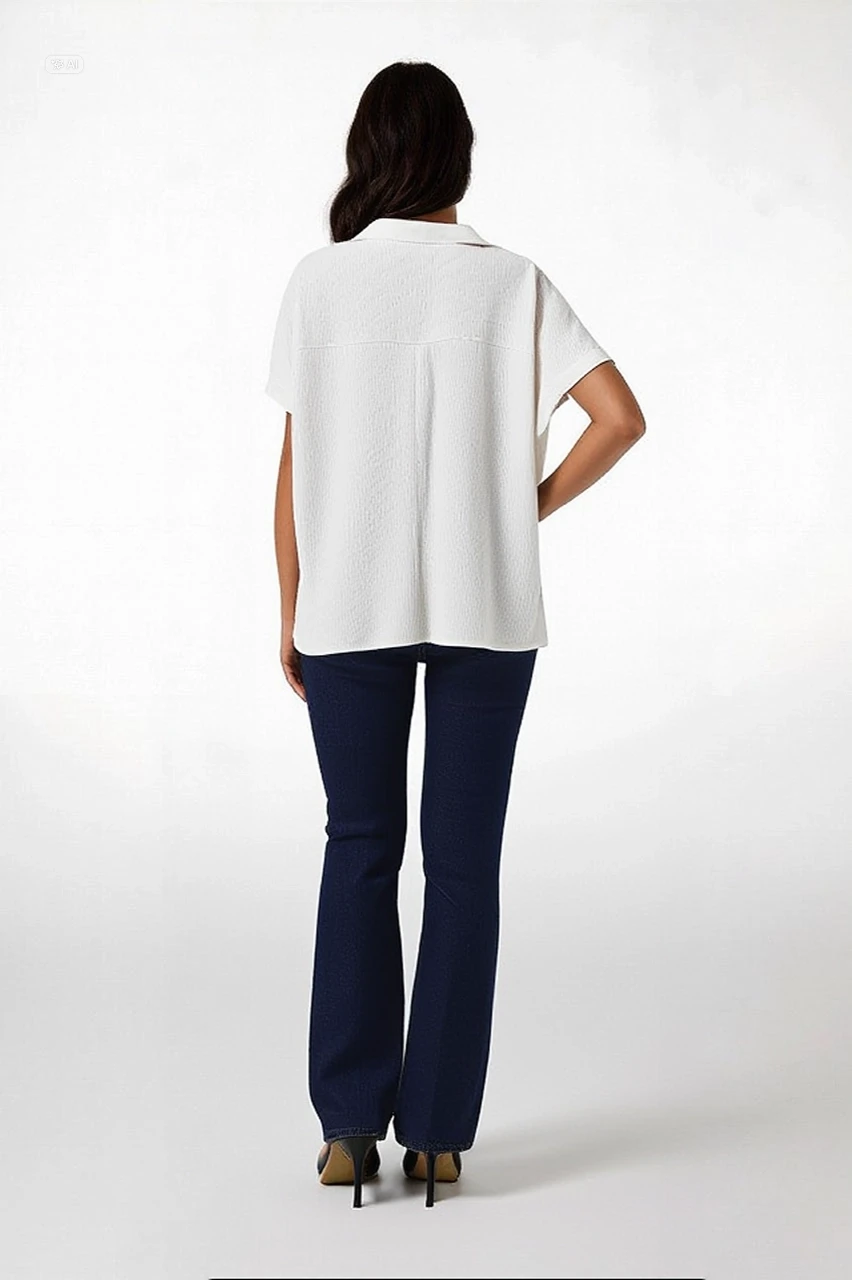 Kadın Ekru Polo Yaka Geniş Kesim Örme Bluz HZL24S-BD104861