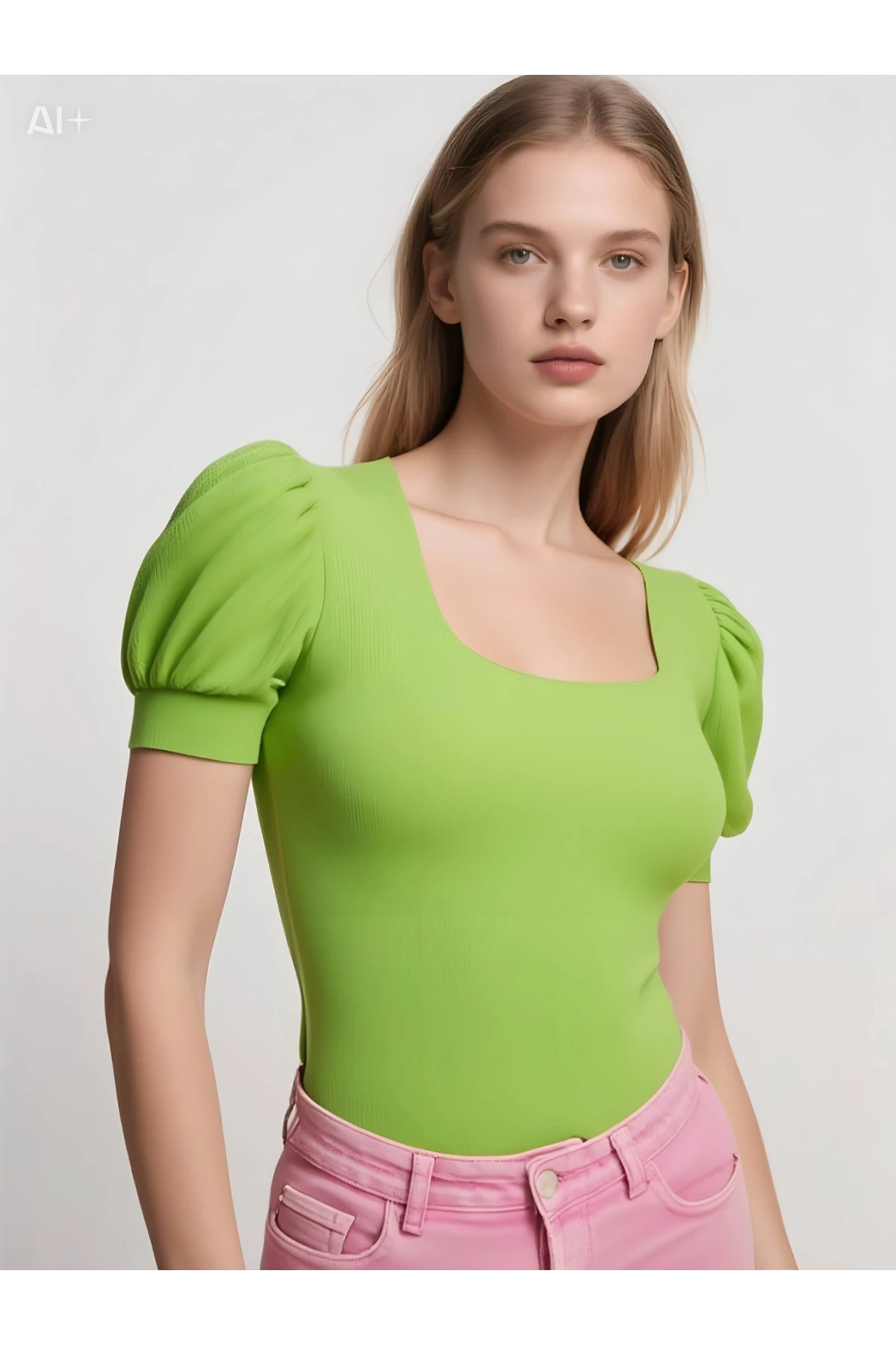 Kadın Fıstık Yeşili Kare Yaka Örme Bluz HZL22W-BD104091