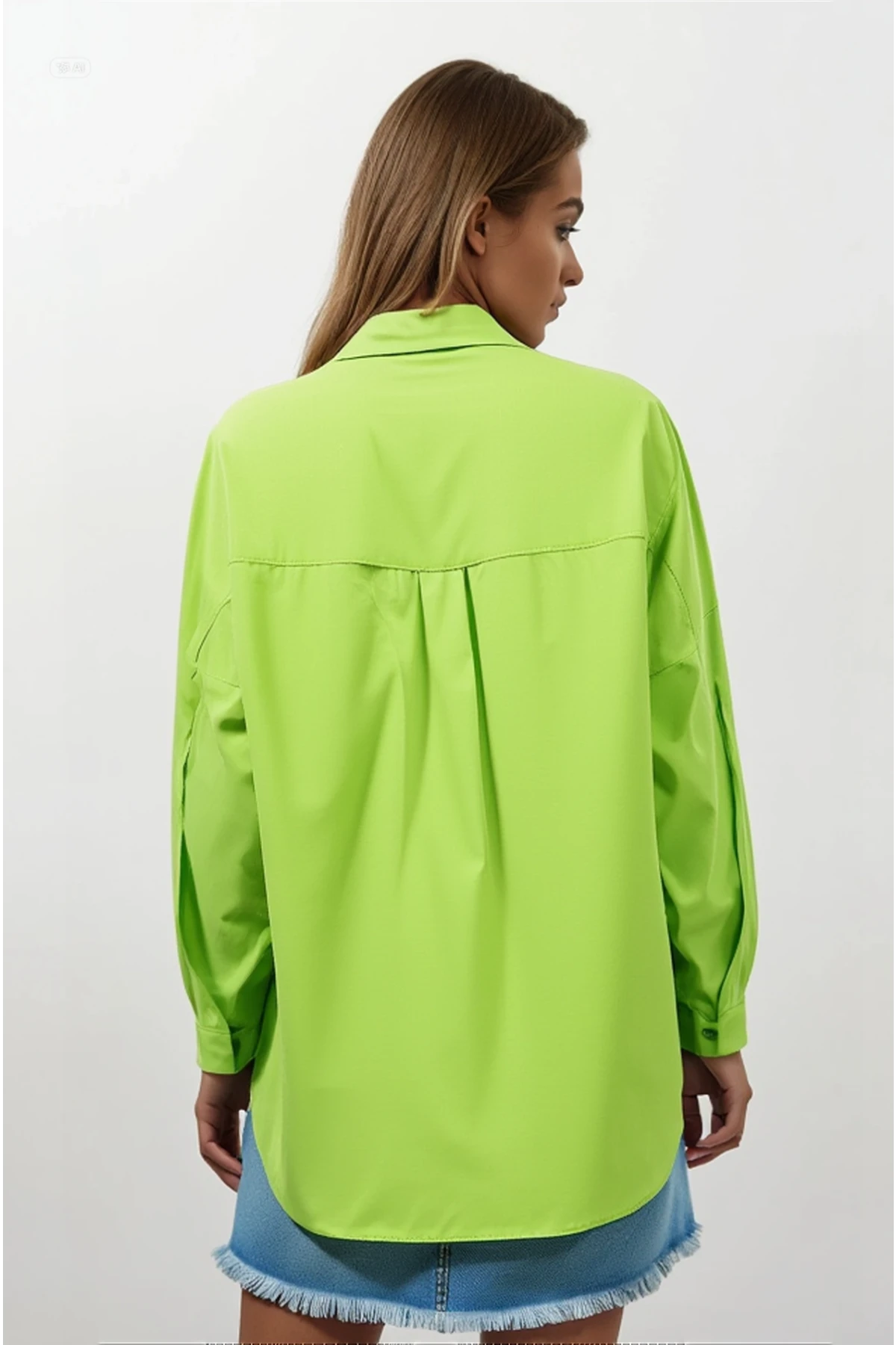 Kadın Fıstık Yeşili Oversize Uzun Basic Gömlek HZL22W-BD139001