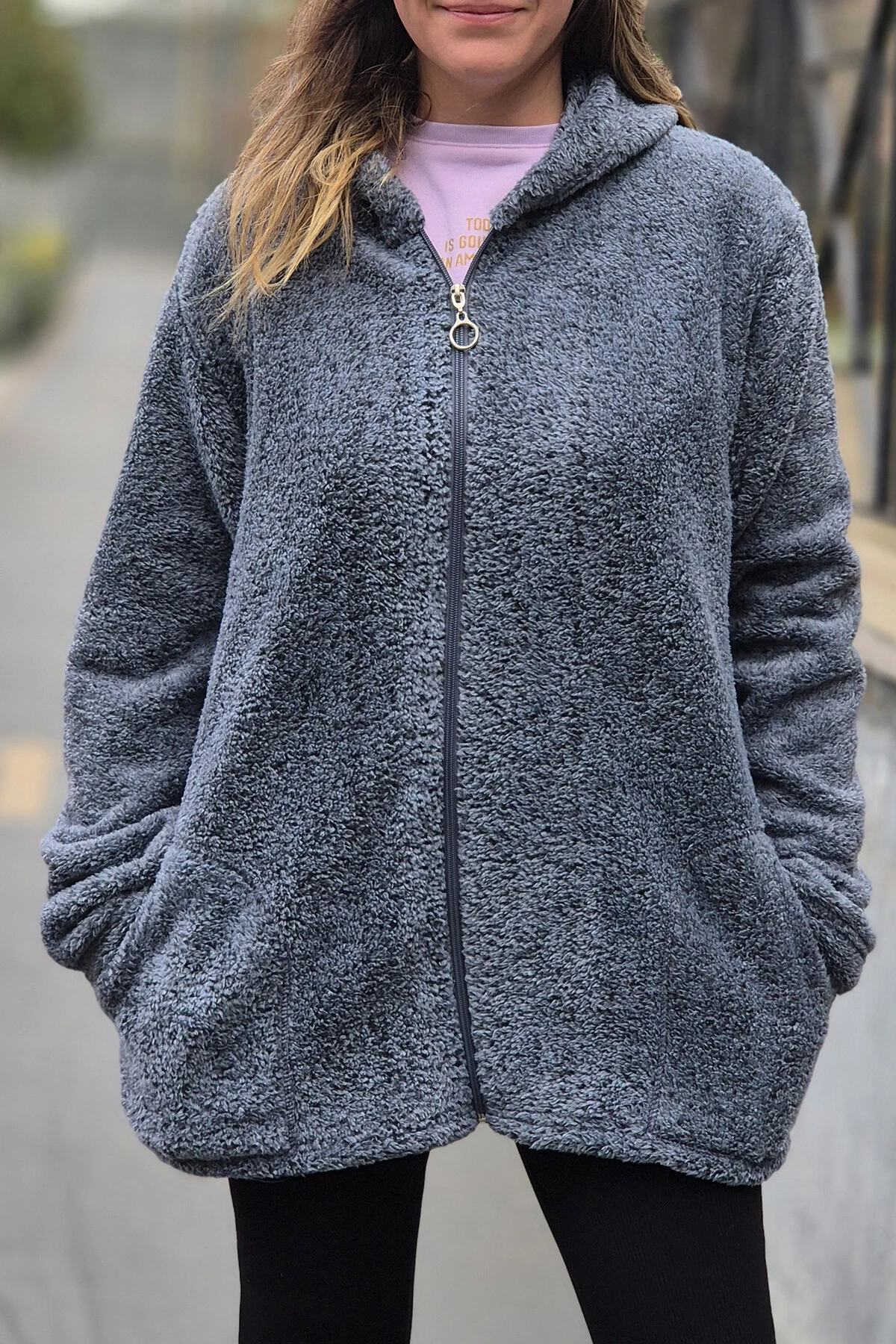 Kadın Füme Welsoft esnek kumaş Peluş Yumoş Önü Fermuarlı Kapüşonlu Ceket HZL23W-DSB110081