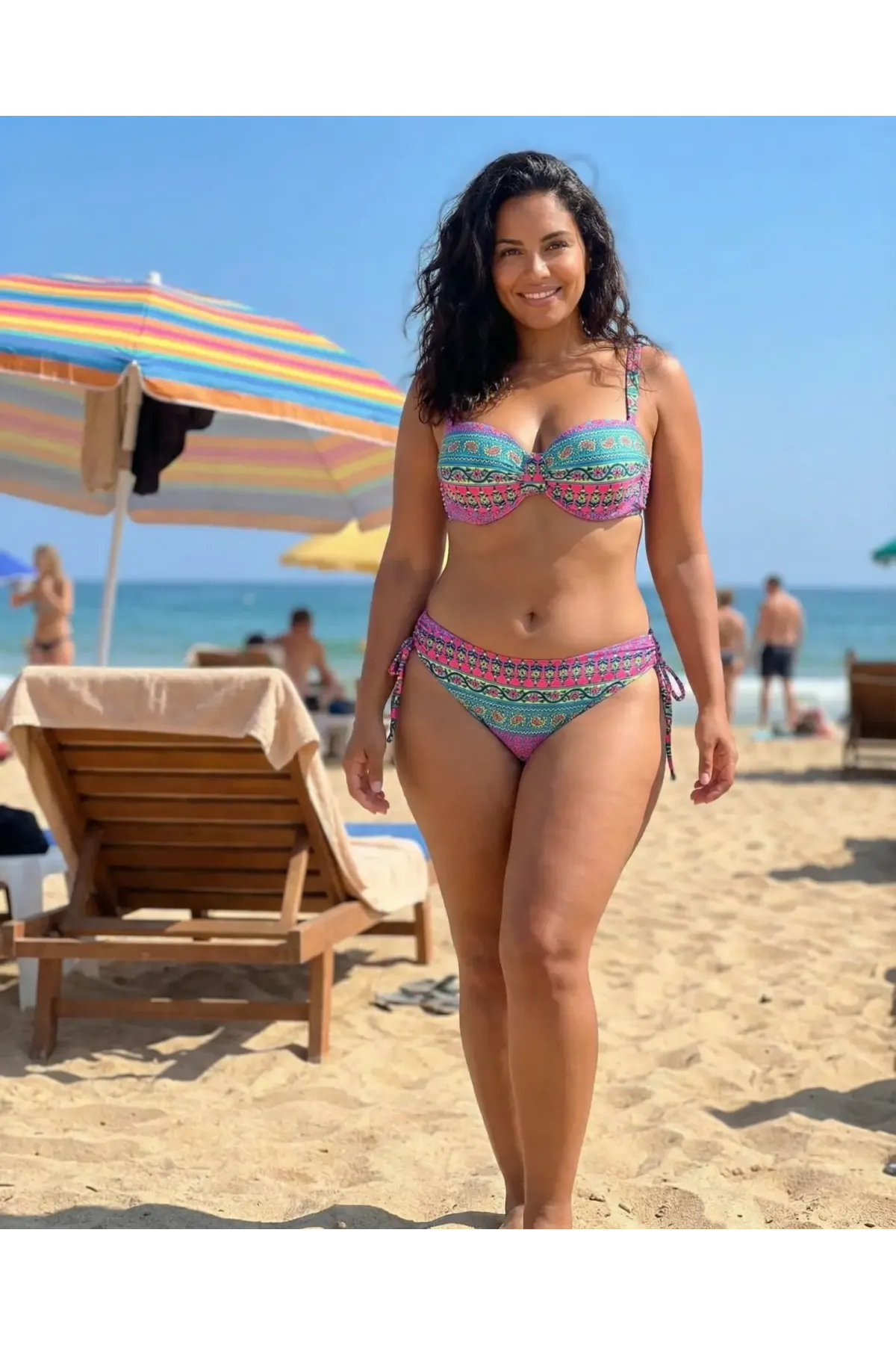 Kadın Fuşya Çok Renkli Etnik Desen Atarlı Bikini Takımı HZL25S-LC8004