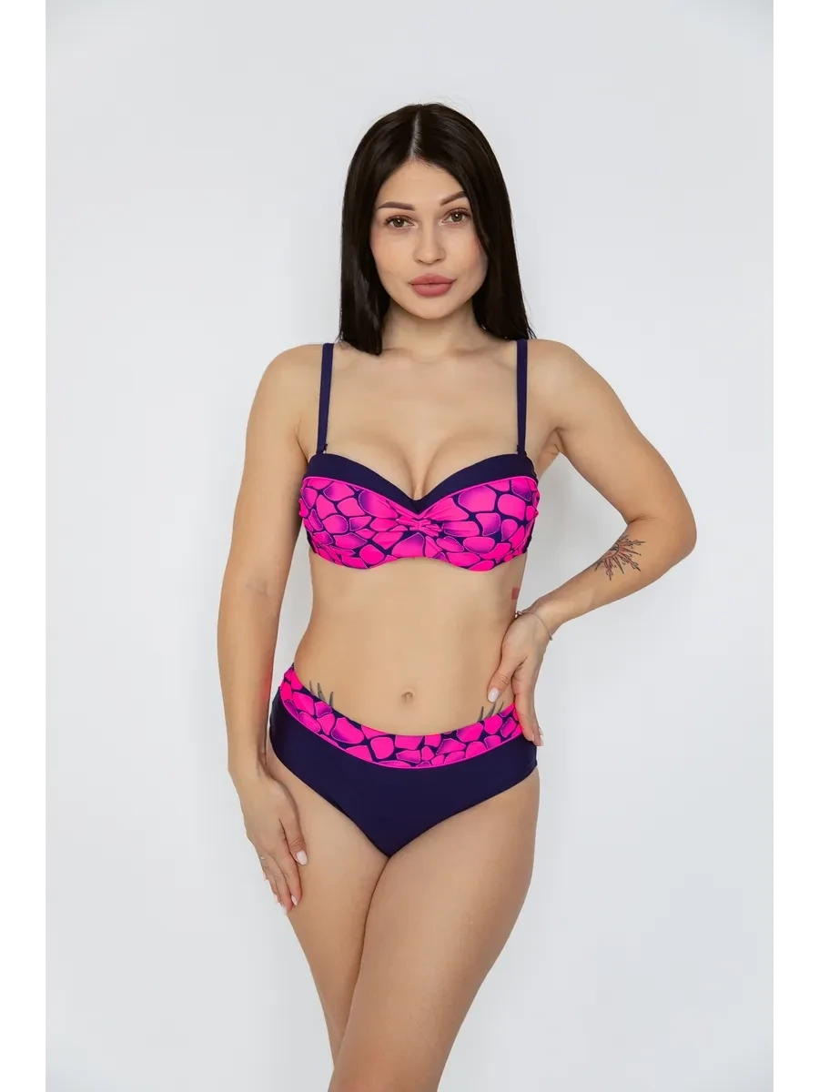 Kadın Fuşya Lacivert Desenli Astarlı Bikini Takımı HZL25S-LC25143