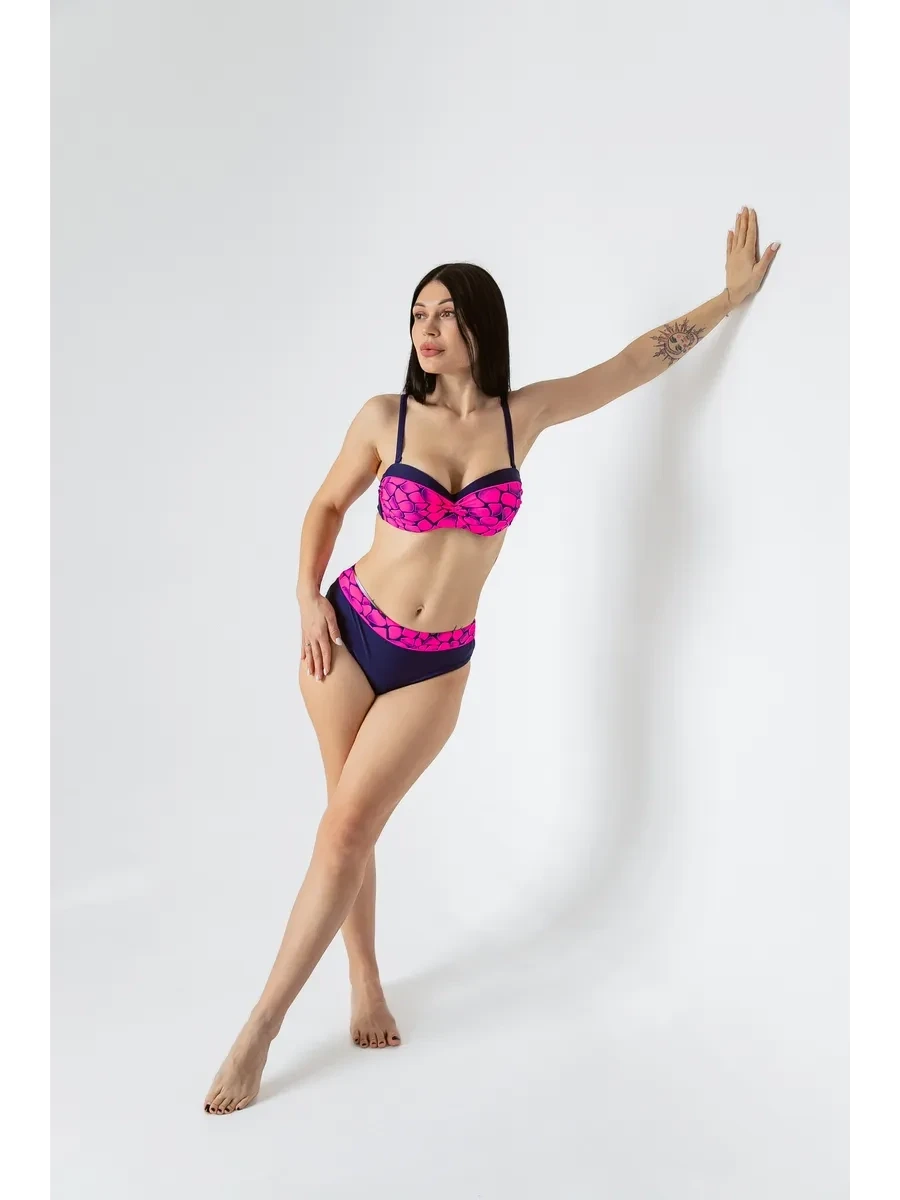 Kadın Fuşya Lacivert Desenli Astarlı Bikini Takımı HZL25S-LC25143