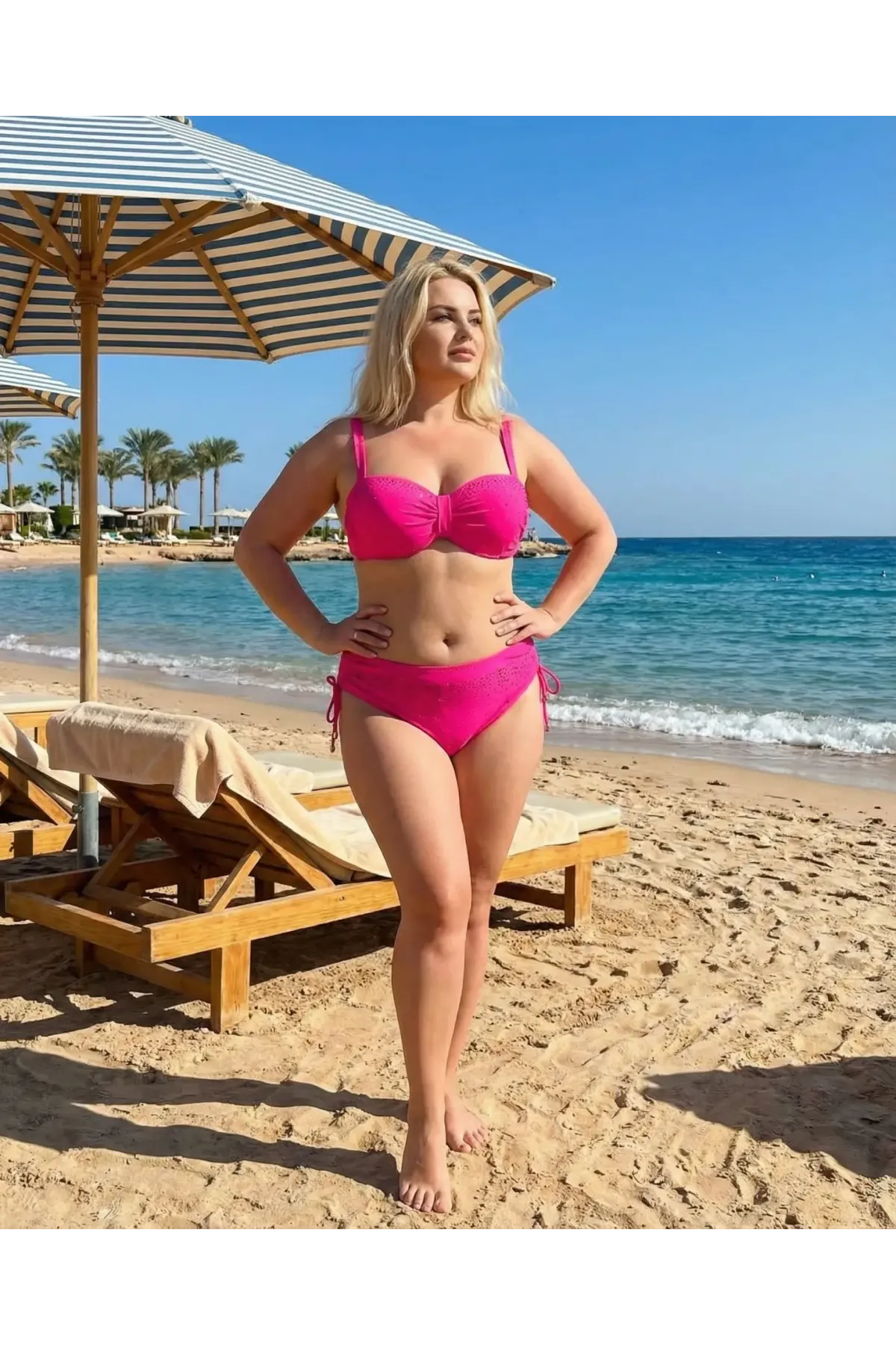 Kadın Fuşya Taş İşlemeli Astarlı Bikini Takım HZL25S-LC3361