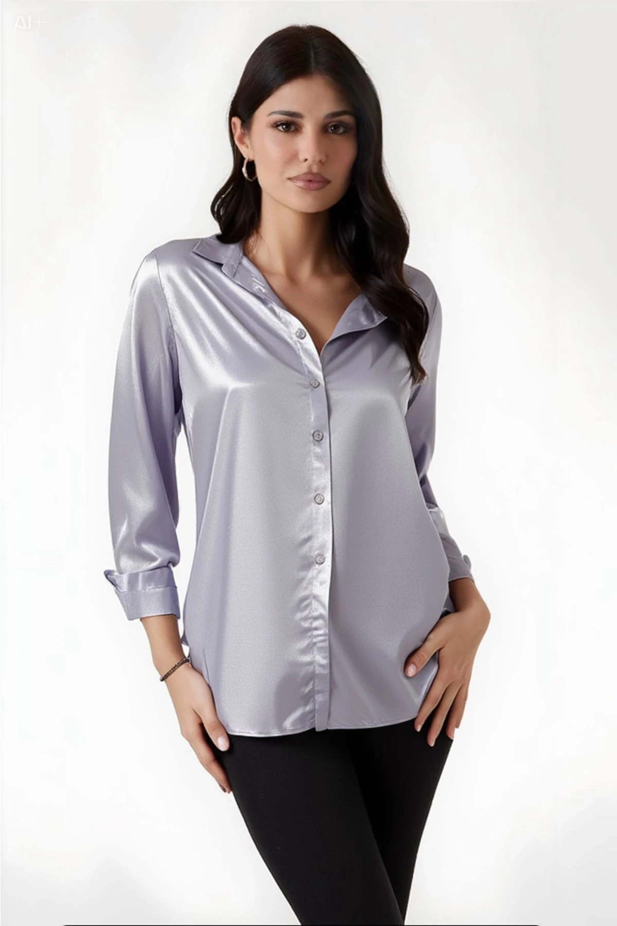 Kadın Gri Hafif Dökümlü Saten Yüzeyli Gömlek HZL22W-BD139641