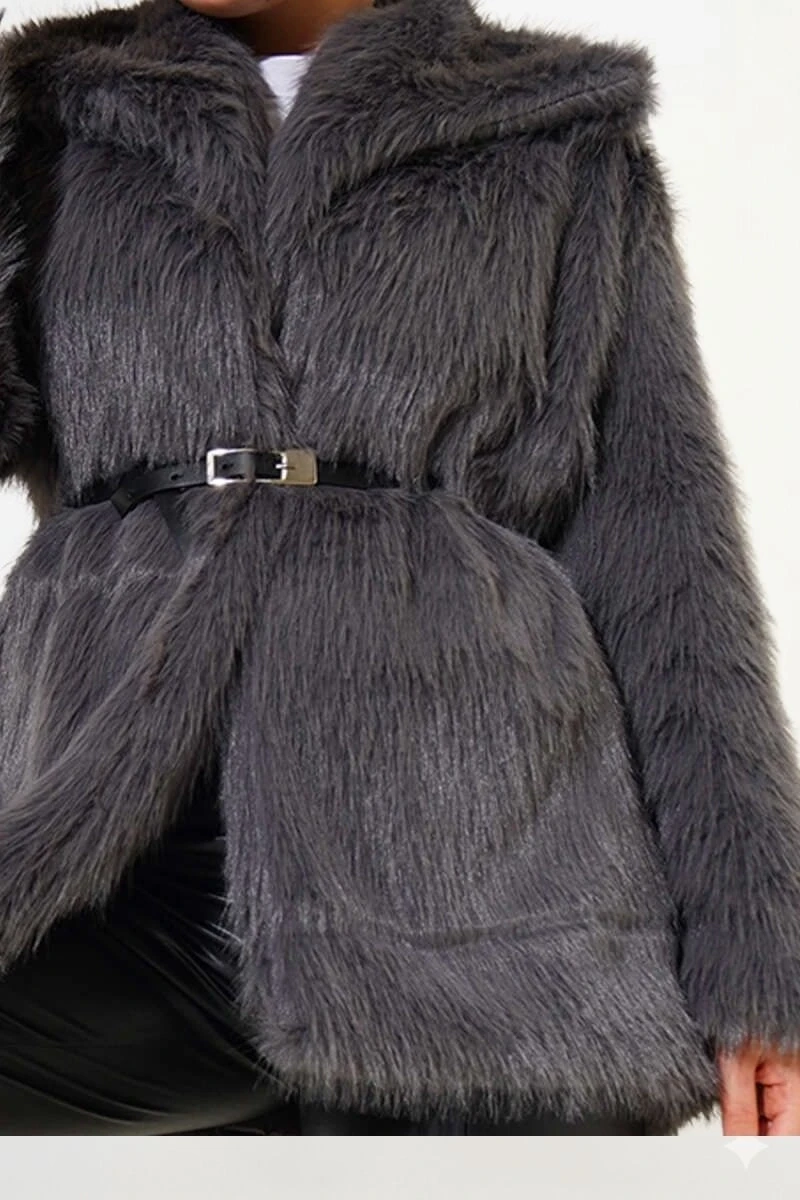 Kadın Gri Kemer Detaylı Astarlı Peluş Kürk Mont HZL25W-BD191561