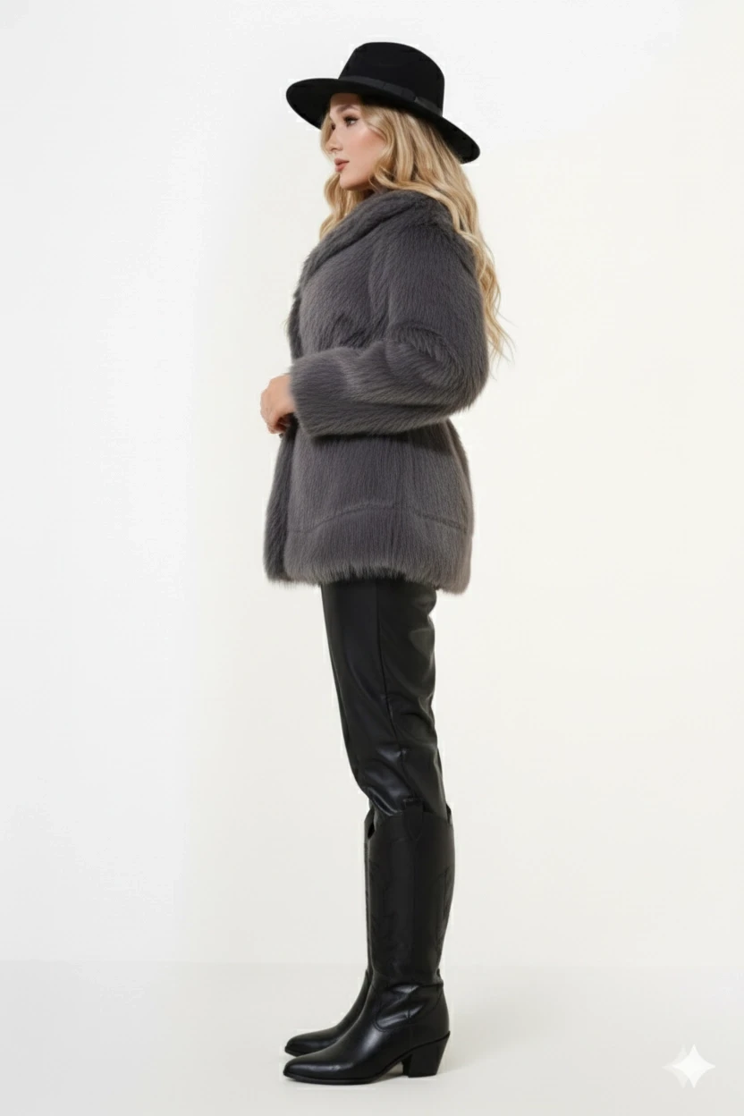 Kadın Gri Kemer Detaylı Astarlı Peluş Kürk Mont HZL25W-BD191561