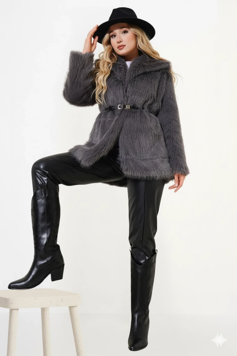 Kadın Gri Kemer Detaylı Astarlı Peluş Kürk Mont HZL25W-BD191561