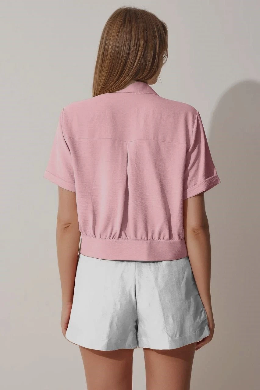 Kadın Gül Kurusu Cepli Düğmeli Kısa Kollu Yazlık  Crop Gömlek Ceket HZL22S-BD106631