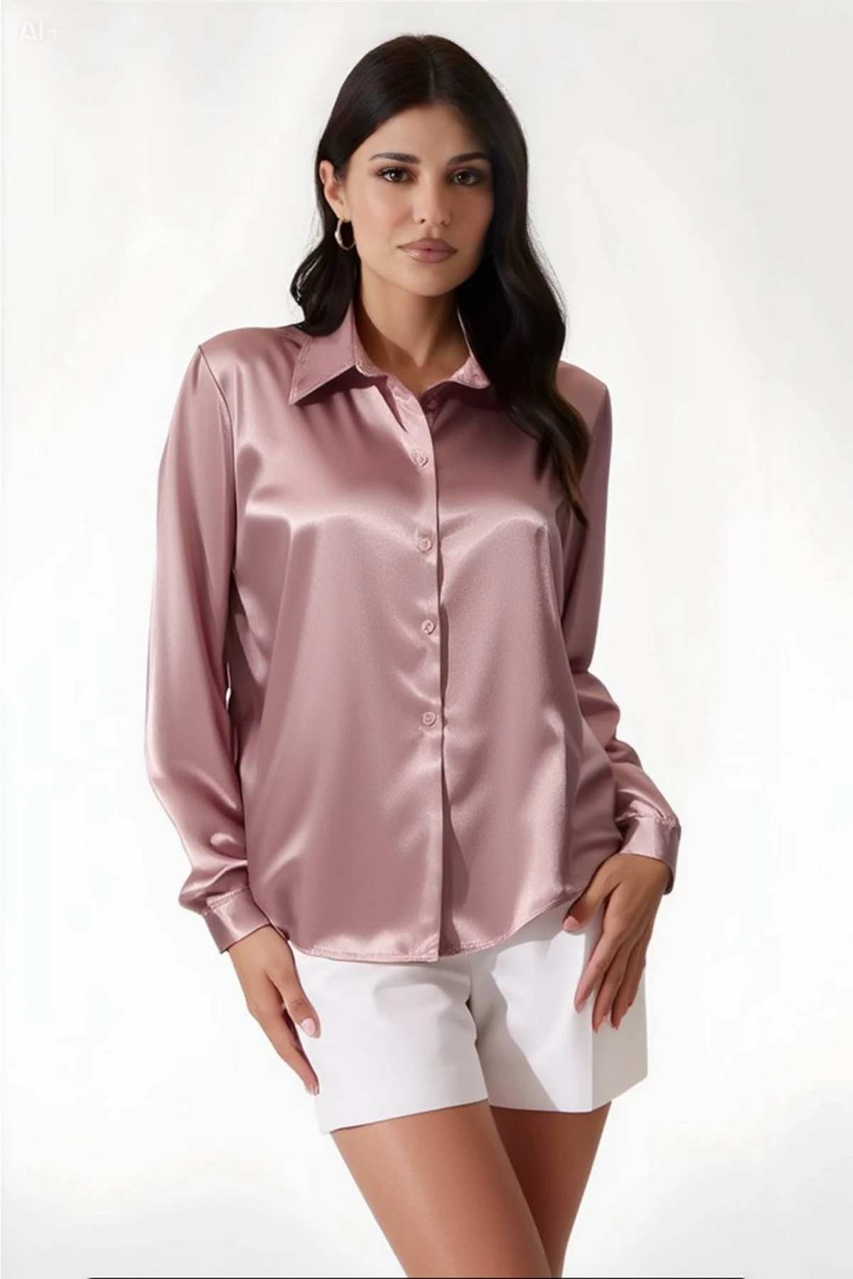 Kadın Gül Kurusu Hafif Dökümlü Saten Yüzeyli Gömlek HZL22W-BD139641