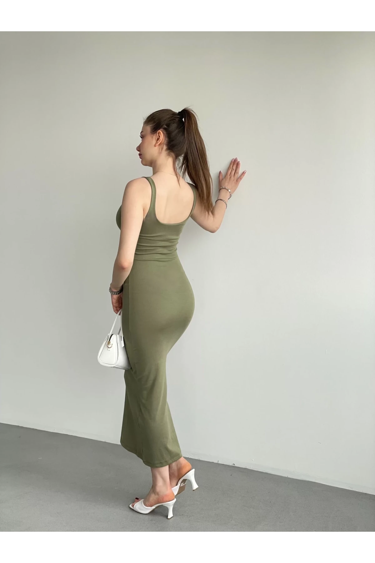 Kadın Haki Askılı Kare Yaka Midi Elbise HZL25S-ZK11621