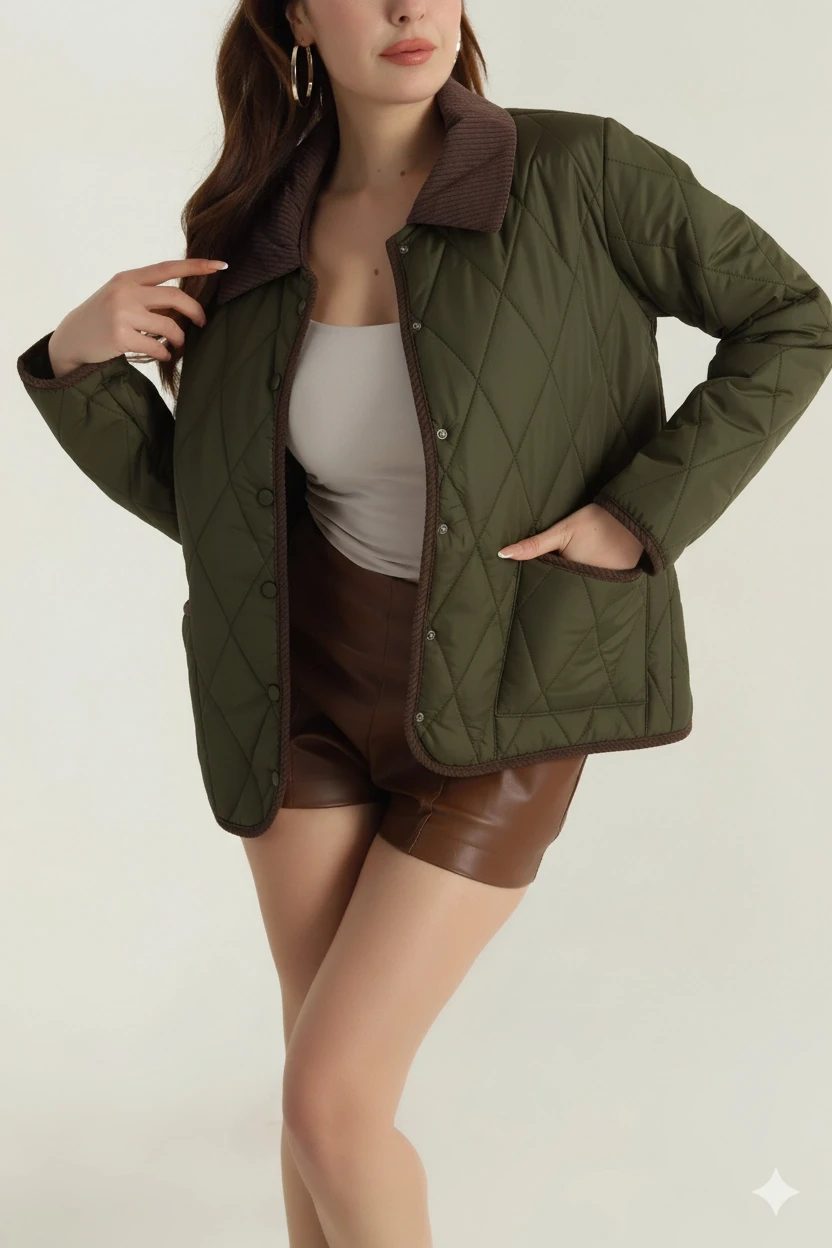 Kadın Haki Çıt Çıt Kapamalı Kadife Detaylı Kapitone Mont HZL25W-BD152261