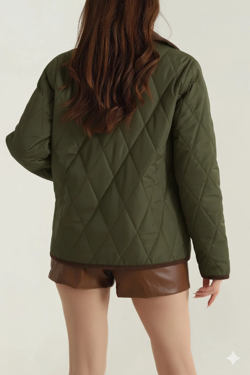 Kadın Haki Çıt Çıt Kapamalı Kadife Detaylı Kapitone Mont HZL25W-BD152261