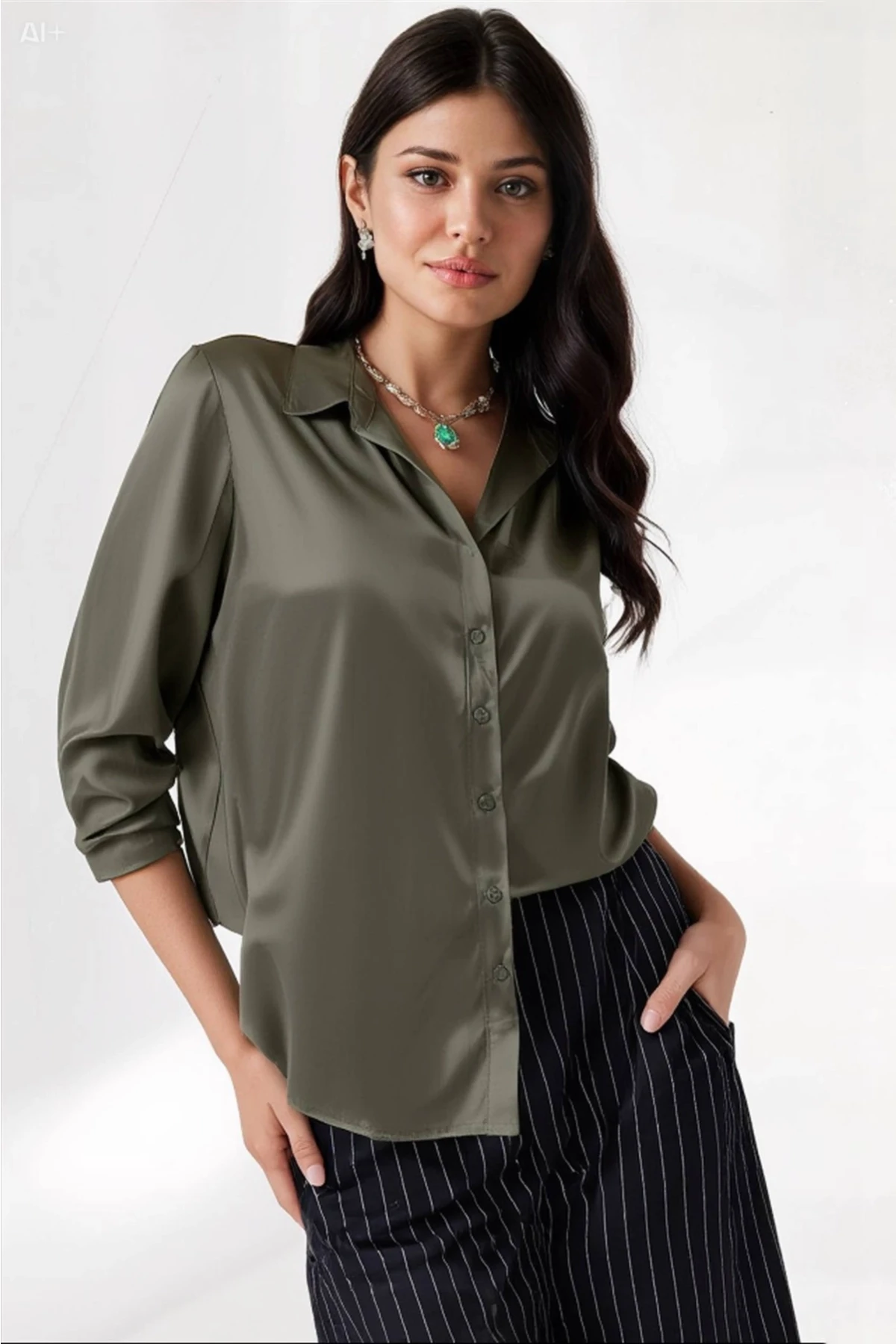 Kadın Haki Hafif Dökümlü Saten Yüzeyli Gömlek Hzl22w-bd139641