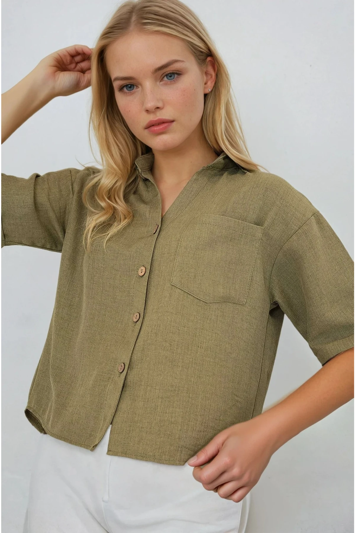 Kadın Haki Keten Görünümlü Crop Gömlek HZL25S-BD1203391