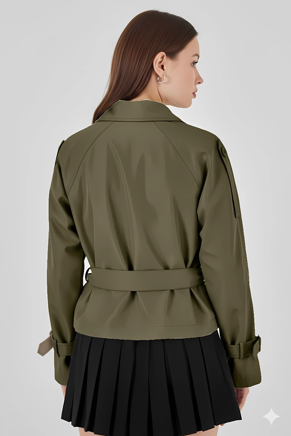 Kadın Haki Kruvaze Yaka Kuşaklı Astarlı Kısa Trençkot HZL25W-BD159701