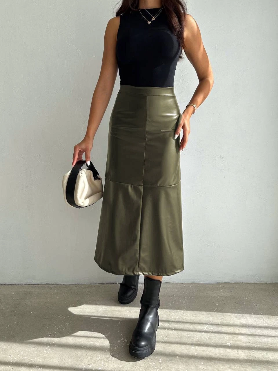 Kadın Haki Midi Boy Fermuar Kapamalı Suni Deri Etek  HZL25W-FRY121651