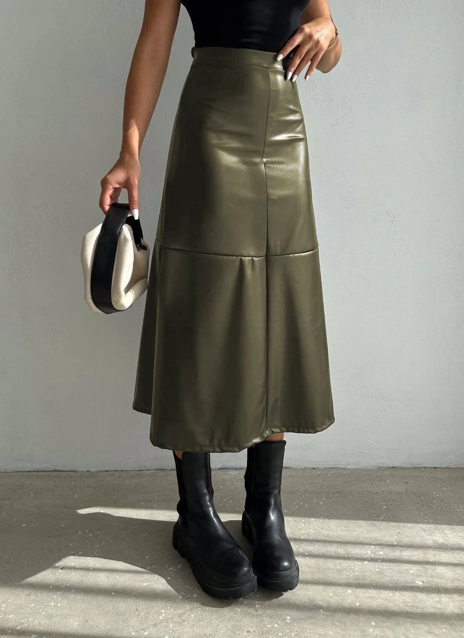 Kadın Haki Midi Boy Fermuar Kapamalı Suni Deri Etek  HZL25W-FRY121651