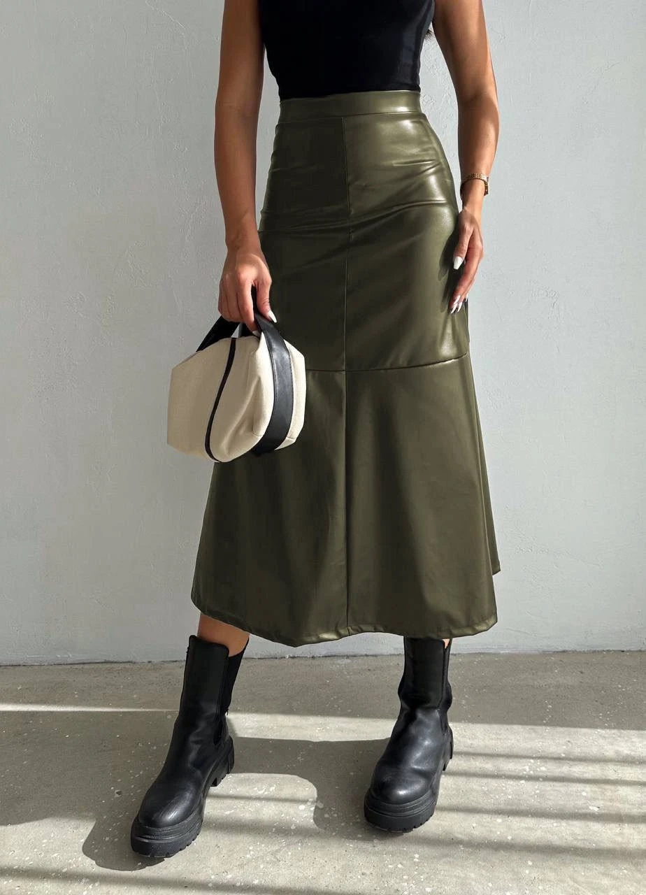 Kadın Haki Midi Boy Fermuar Kapamalı Suni Deri Etek  HZL25W-FRY121651