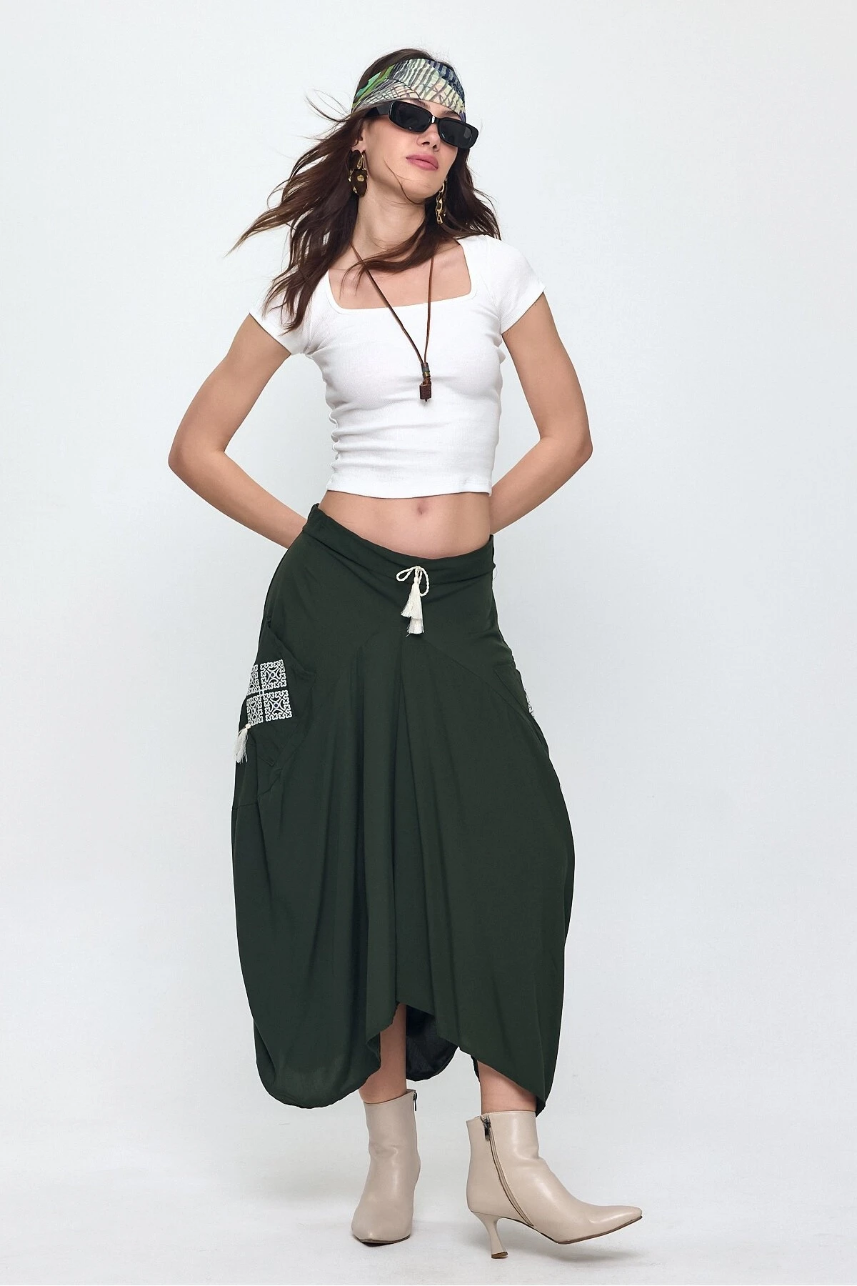 Kadın Haki Nakış Detaylı Bağcıklı Şalvar Etek HZL25S-VM19001