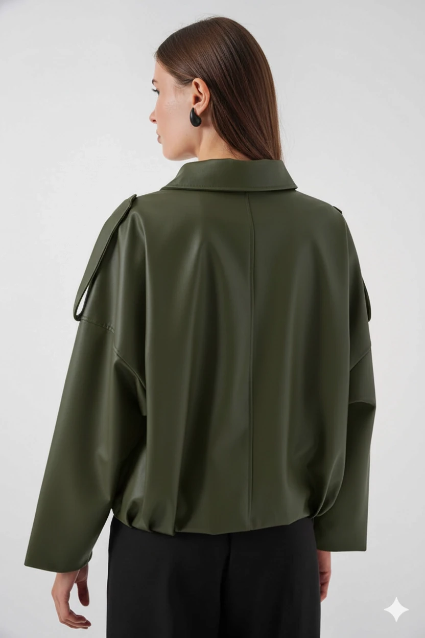 Kadın Haki Oversize Fermuarlı ve Düğmeli Yandan Cepli Suni Deri Ceket HZL25W-BD110551