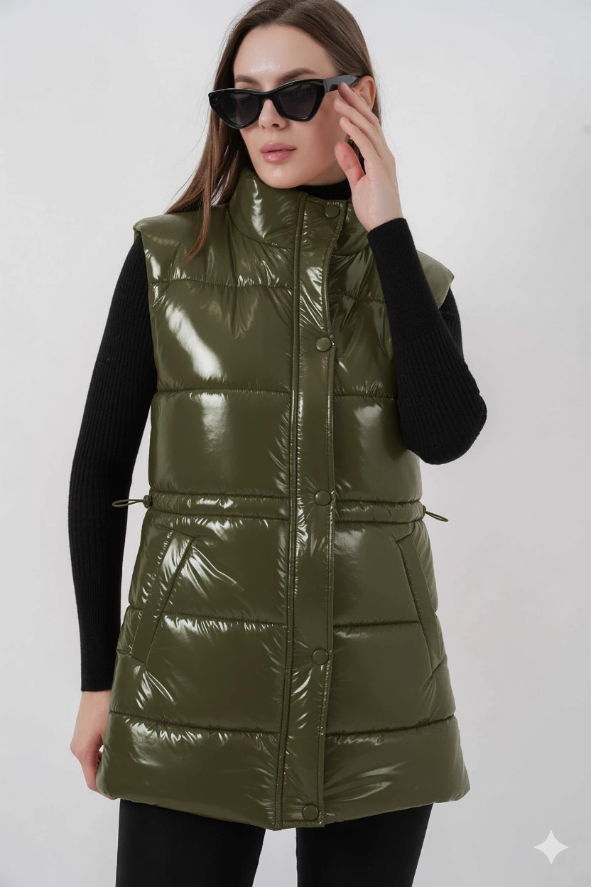 Kadın Haki Parlak Astarlı Şişme Yelek HZL25W-BD152181