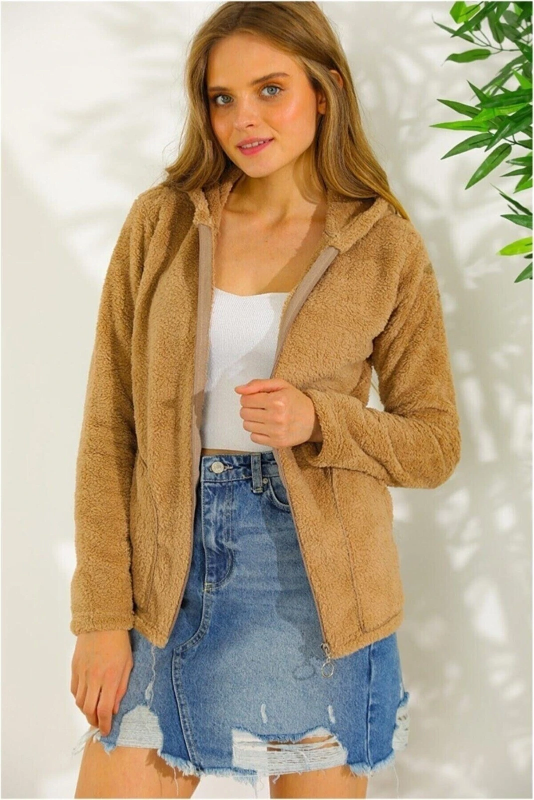 Kadın Hardal Welsoft esnek kumaş Peluş Yumoş Önü Fermuarlı Kapüşonlu Ceket HZL23W-DSB110081