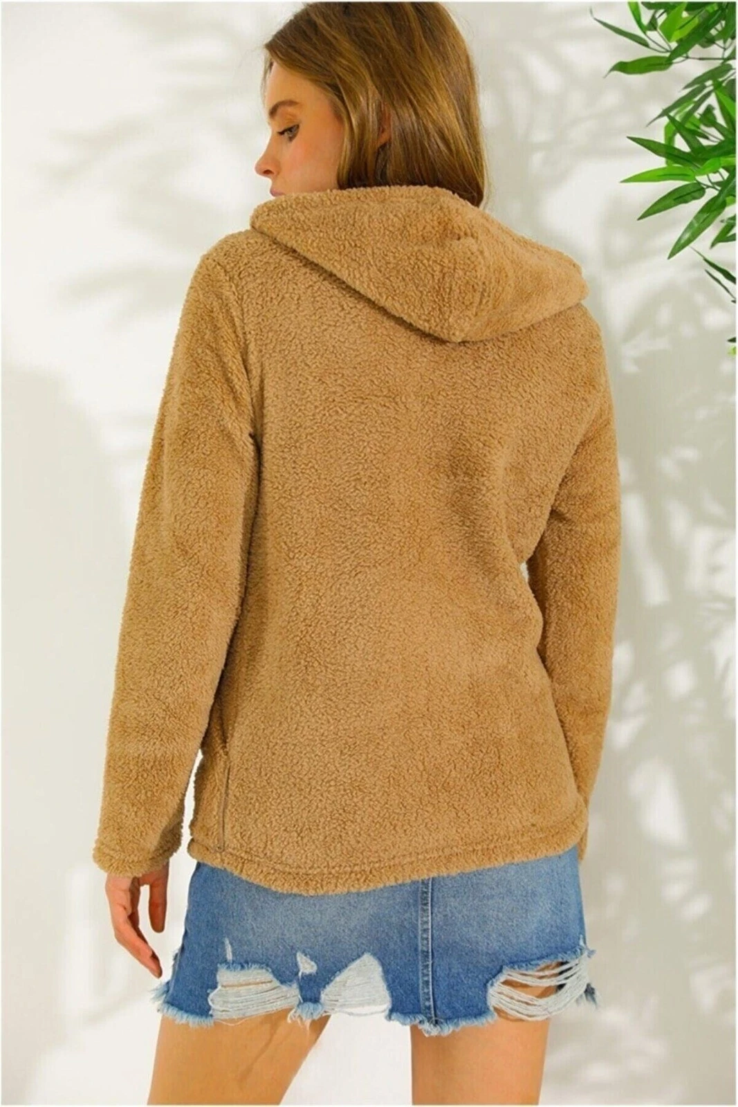 Kadın Hardal Welsoft esnek kumaş Peluş Yumoş Önü Fermuarlı Kapüşonlu Ceket HZL23W-DSB110081