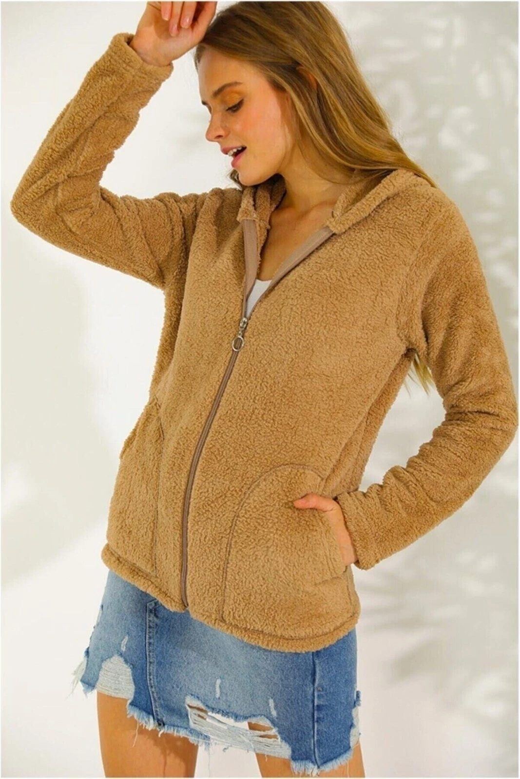 Kadın Hardal Welsoft esnek kumaş Peluş Yumoş Önü Fermuarlı Kapüşonlu Ceket HZL23W-DSB110081