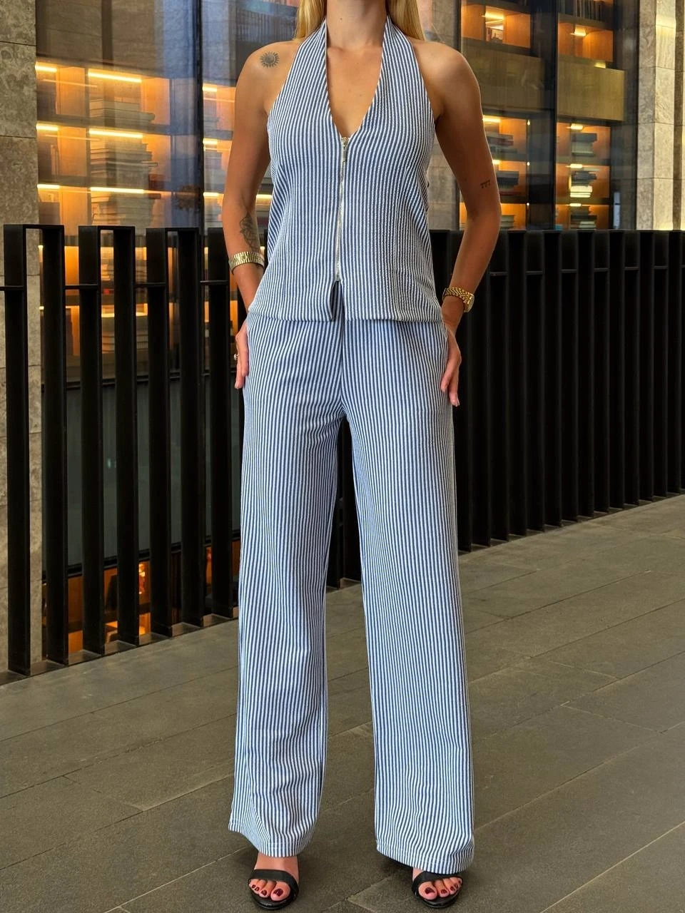 Kadın İndigo Çizgili Önü Fermuarlı Bluz Pantolon İkili Takım HZL25S-ZK13691