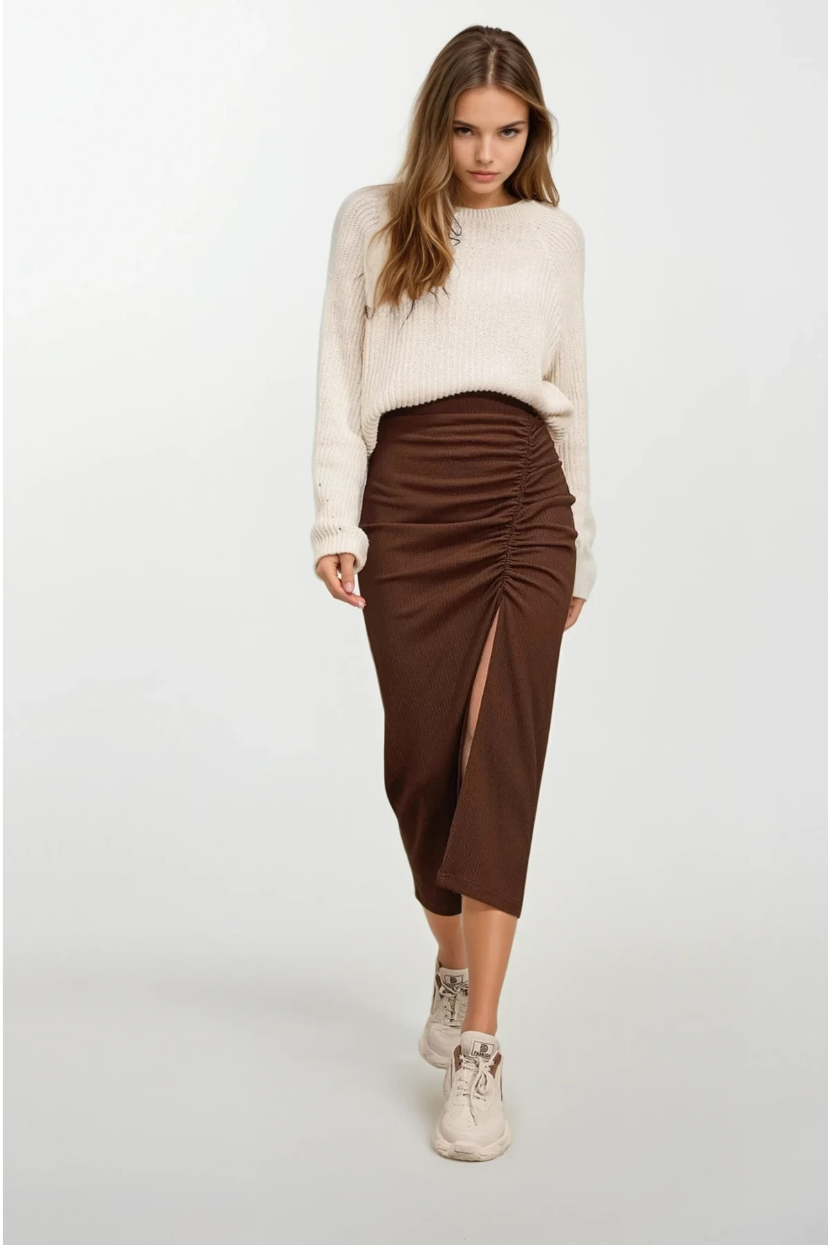 Kadın Kahverengi Beli Lastikli Yırtmaçlı Uzun Etek HZL22S-BD118801