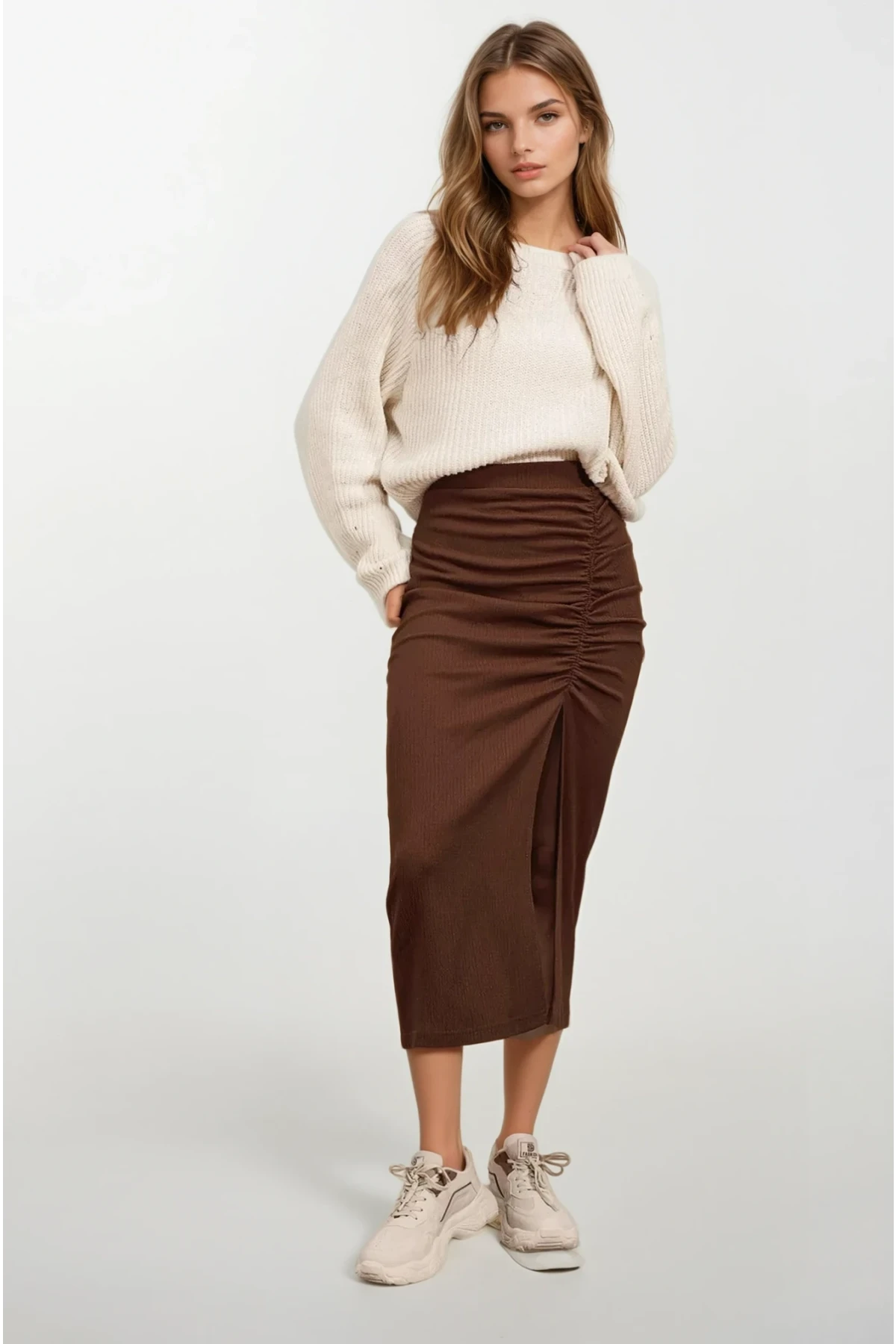 Kadın Kahverengi Beli Lastikli Yırtmaçlı Uzun Etek HZL22S-BD118801