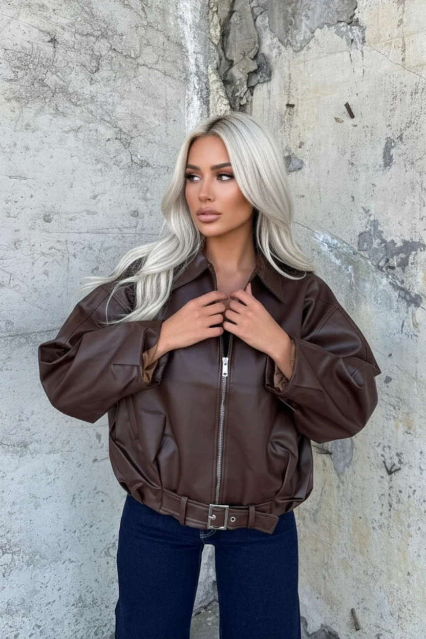 Kadın Kahverengi Fermuar Kapamalı Oversize Suni Deri Ceket HZL25W-BD110561