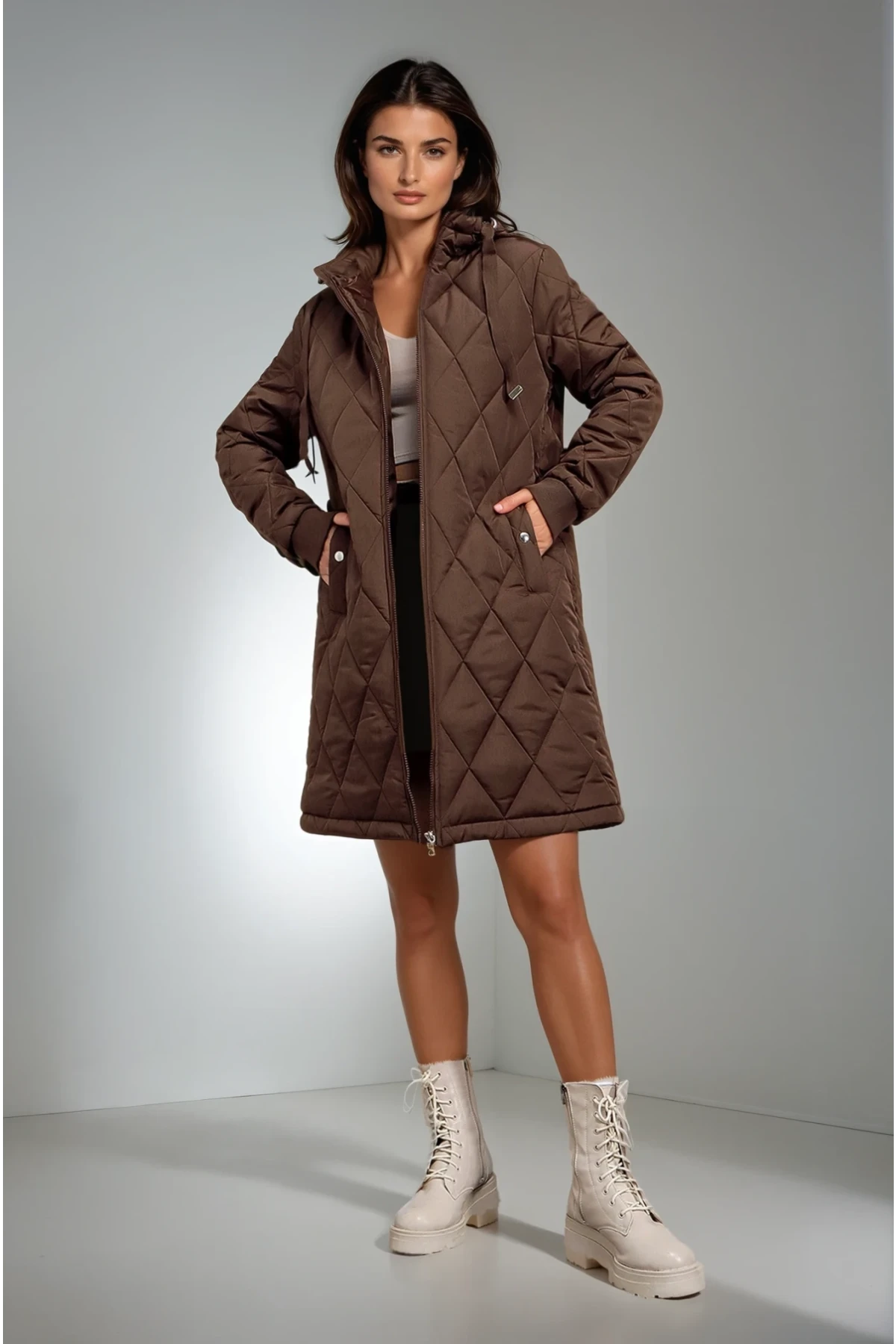 Kadın Kahverengi Kapitone Uzun Şişme Mont HZL22W-BD151381