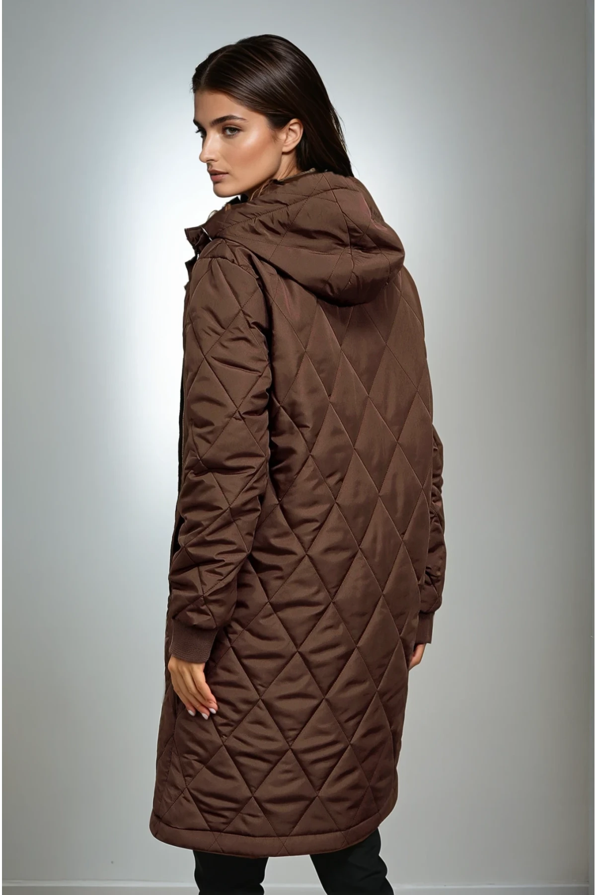 Kadın Kahverengi Kapitone Uzun Şişme Mont HZL22W-BD151381