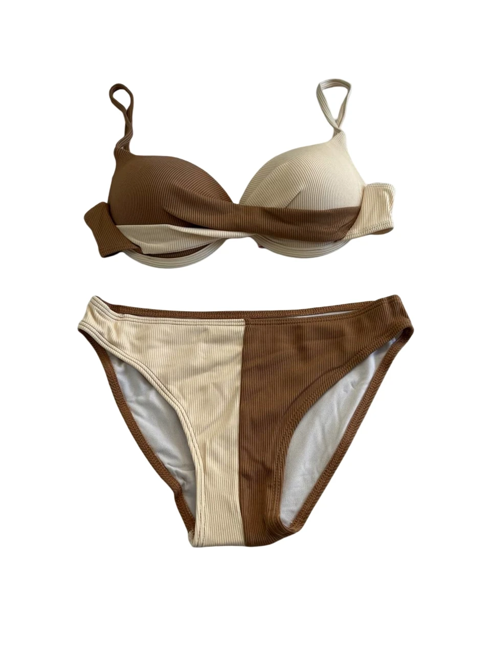 Kadın Kahverengi Krem Renk Bloklu Astarlı Bikini Takımı HZL25S-LC214