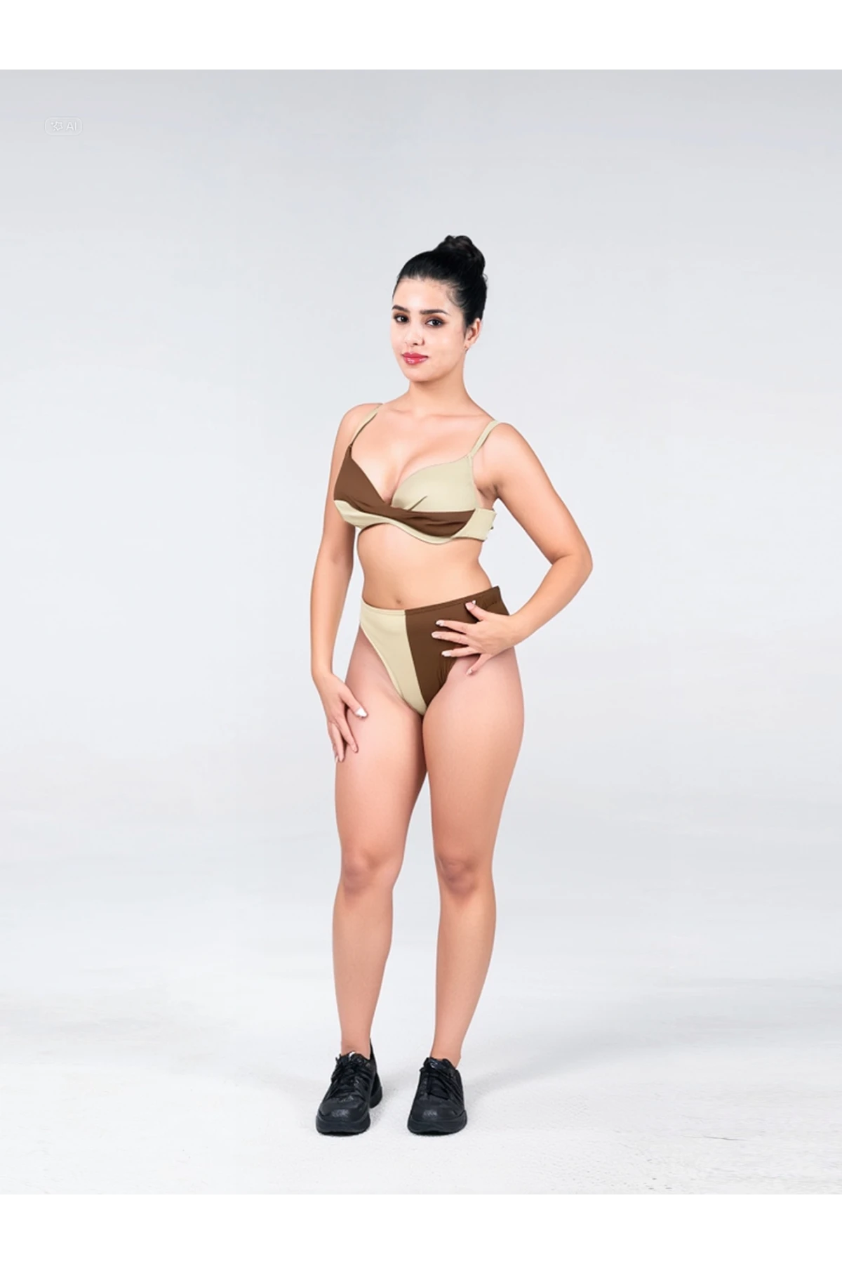 Kadın Kahverengi Krem Renk Bloklu Astarlı Bikini Takımı HZL25S-LC214