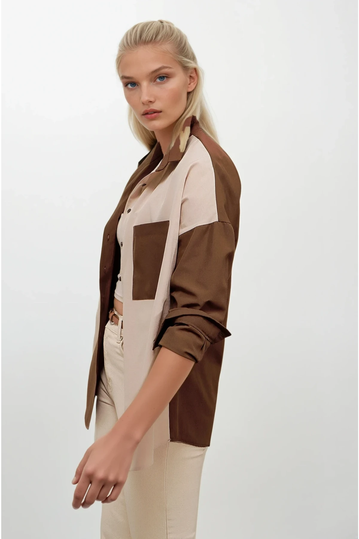 Kadın Kahverengi Krem Renk Bloklu  Poplin Basic Gömlek HZL22S-BD1201161