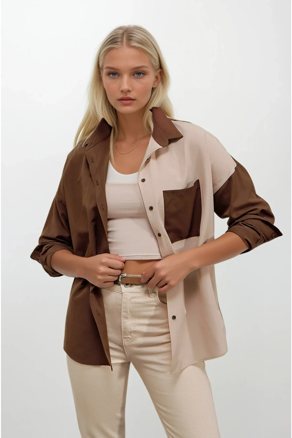 Kadın Kahverengi Krem Renk Bloklu  Poplin Basic Gömlek HZL22S-BD1201161