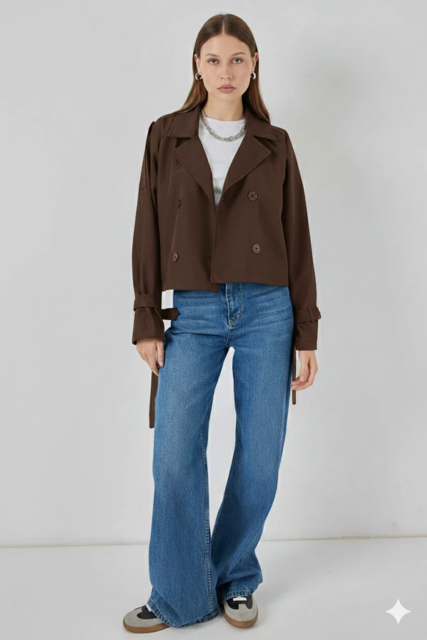 Kadın Kahverengi Kruvaze Yaka Kuşaklı Astarlı Kısa Trençkot HZL25W-BD159701