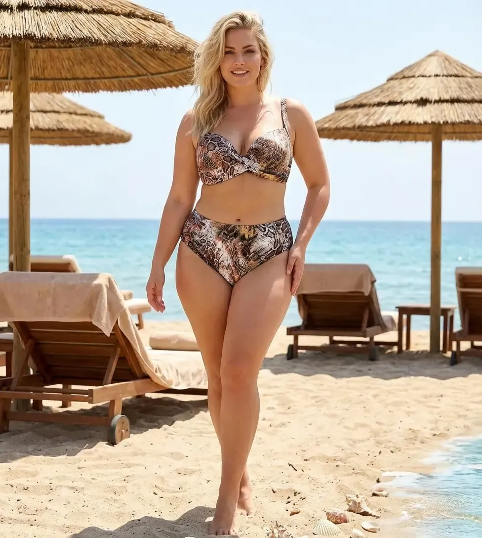 Kadın Kahverengi Leopar Desenli Astarlı Büyük Beden Bikini Takımı HZL25S-LC25006