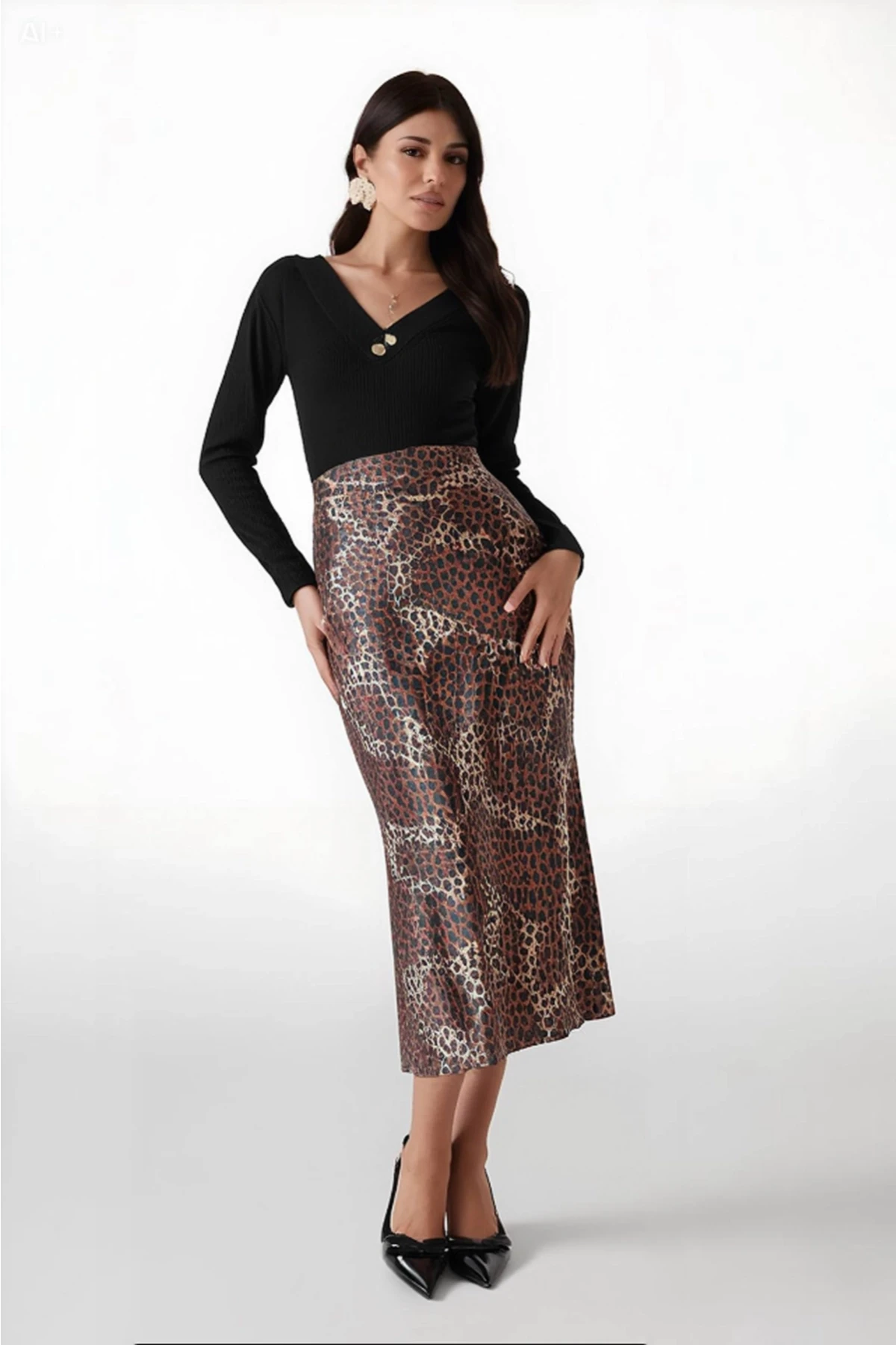 Kadın Kahverengi Leopar Desenli Saten Yüzeyli Beli Lastikli Midi Boy Etek Hzl23s-bd1101471