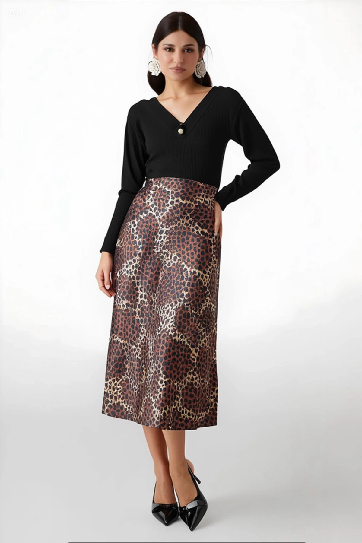 Kadın Kahverengi Leopar Desenli Saten Yüzeyli Beli Lastikli Midi Boy Etek Hzl23s-bd1101471